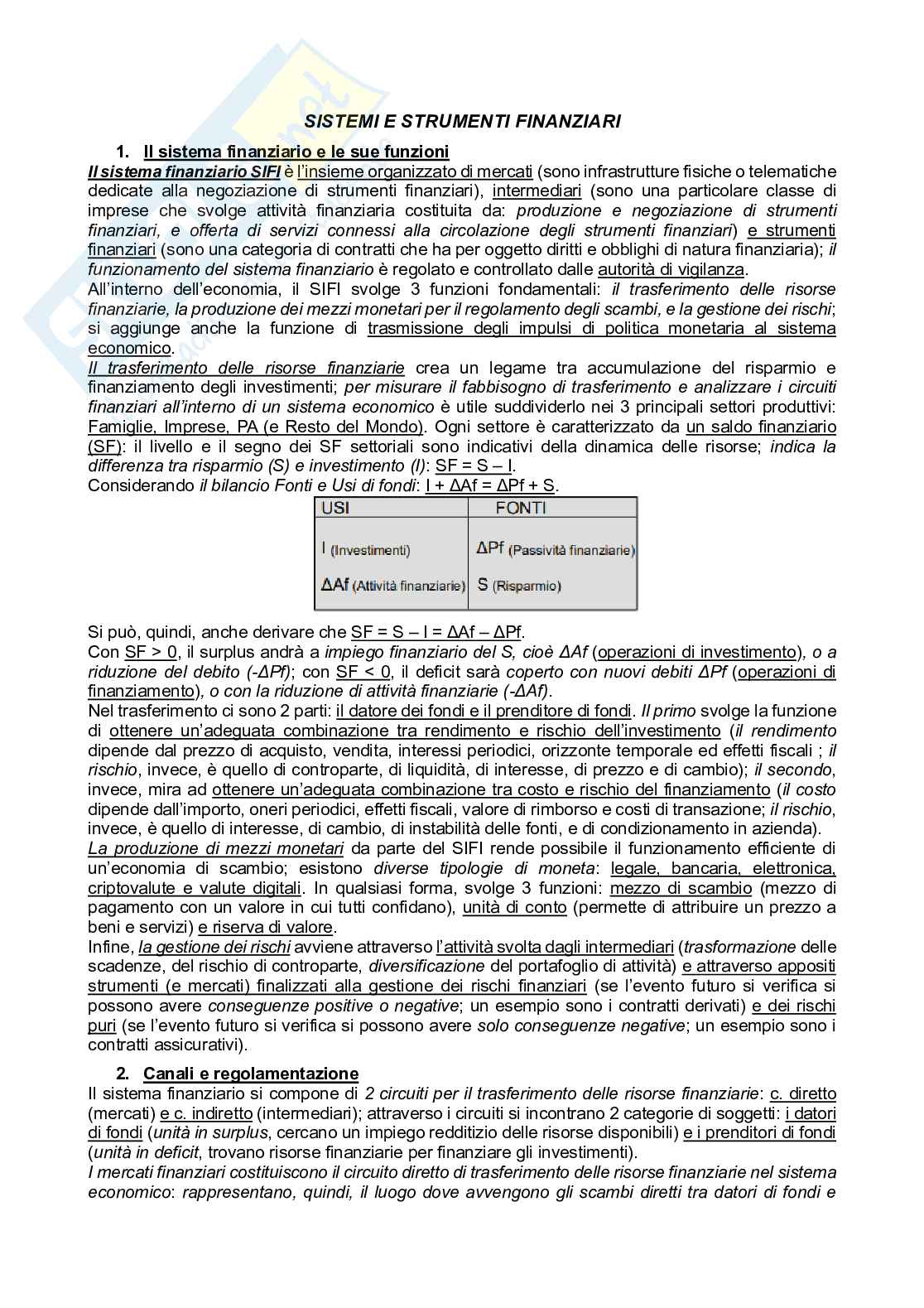 Riassunto esame Sistemi e strumenti finanziari, Prof. Pellegrini Laura, libro consigliato Sistemi e strumenti finanziari, Geranio Pag. 1
