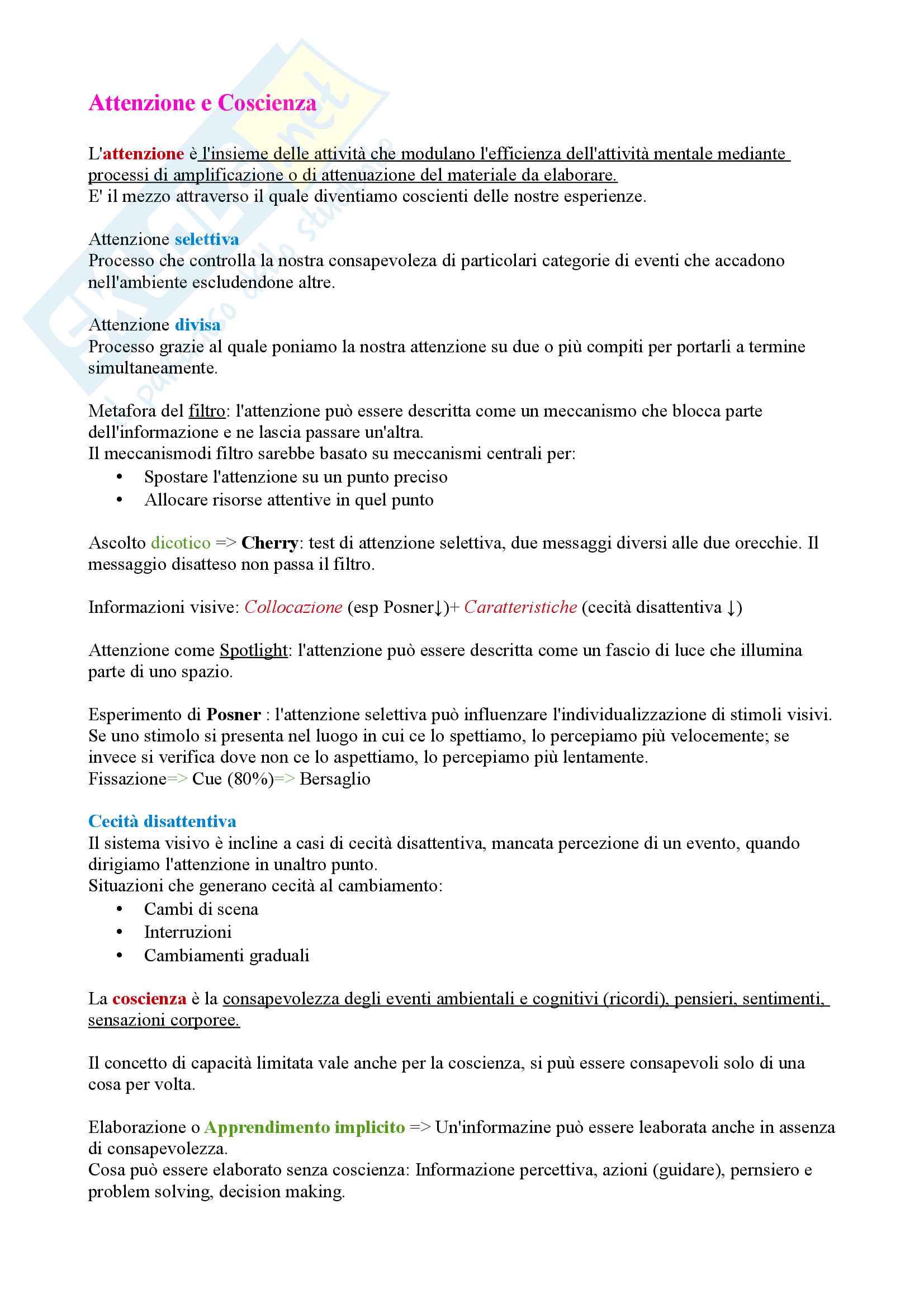 Psicologia dei processi cognitivi: attenzione e coscienza, intelligenza, lingue linguaggio e comunicazione, il pensiero e la soluzione dei problemi, stile di vita stress e salute Pag. 1