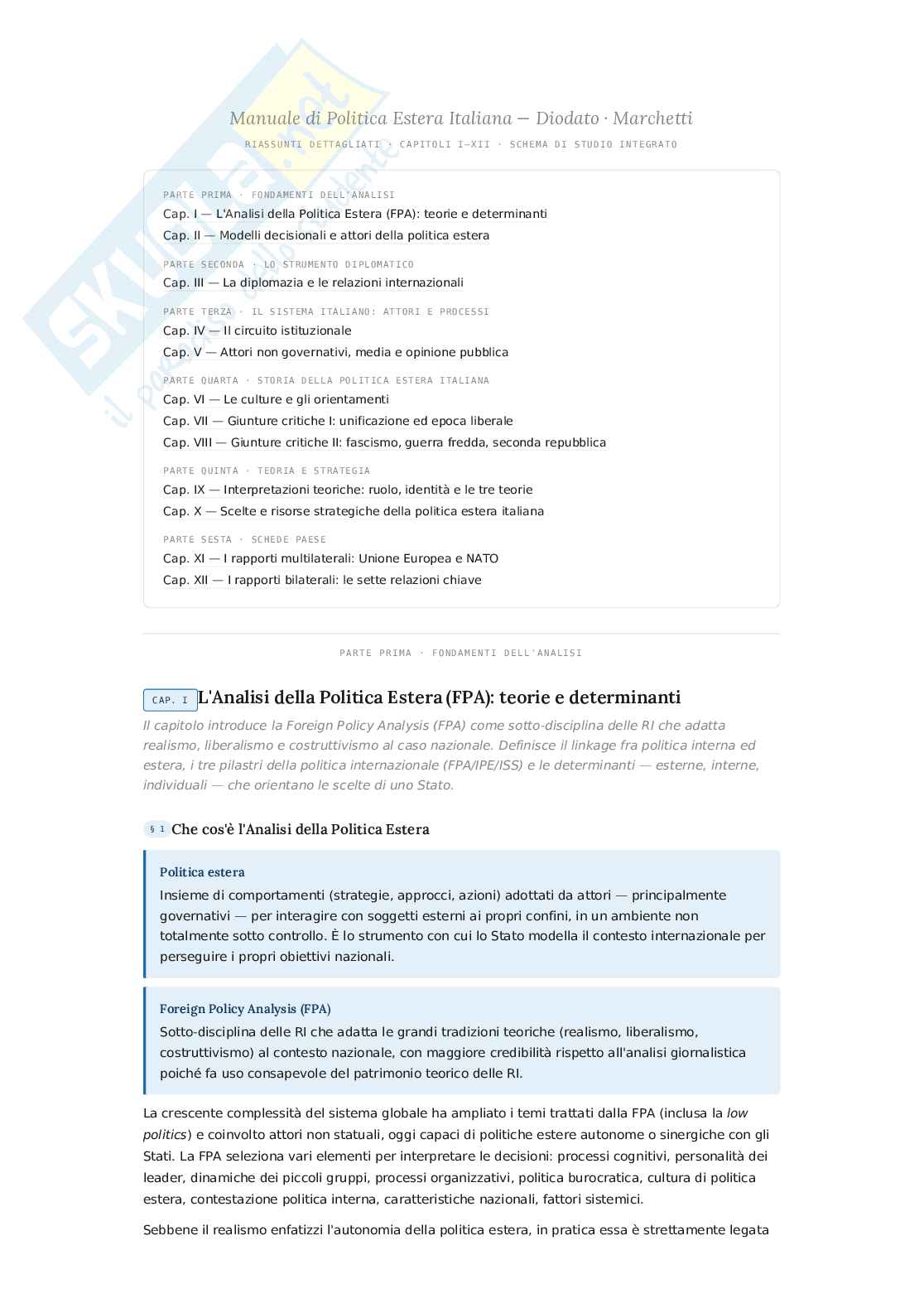 Riassunto esame Relazioni internazionali, Prof. Calossi Enrico, libro consigliato Manuale di politica estera italiana, Diodato, Marchetti Pag. 1