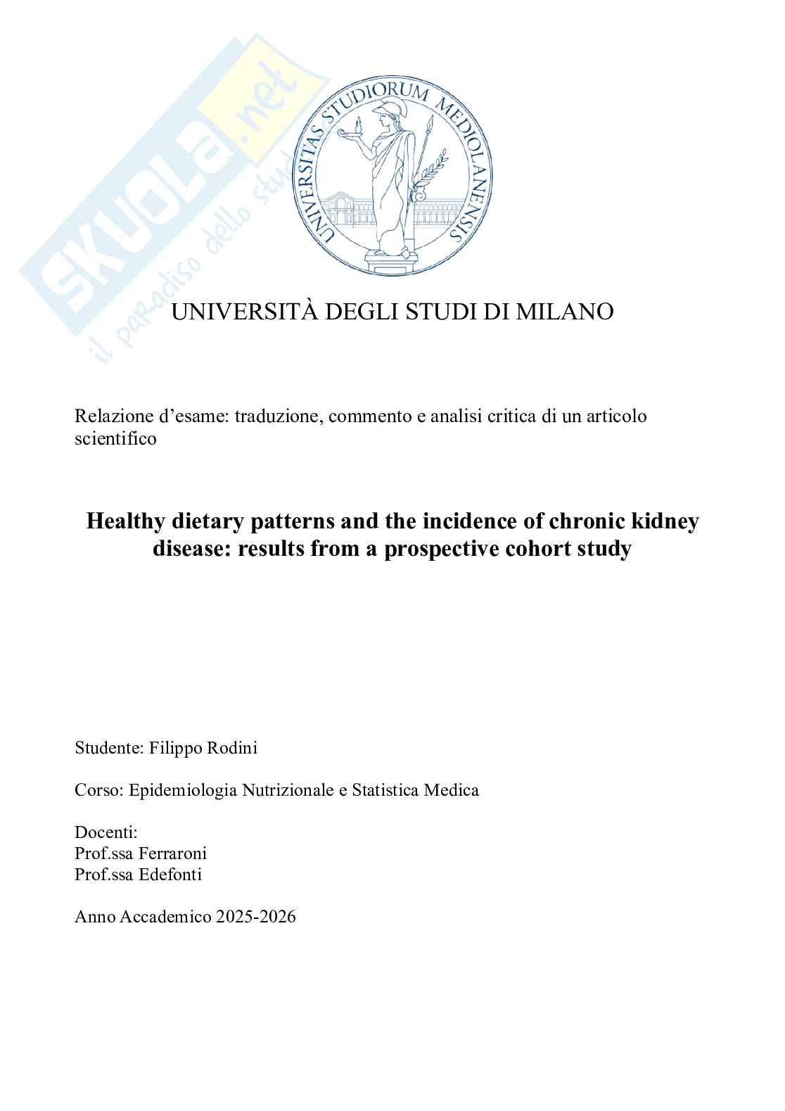 Tesina di Epidemiologia nutrizionale e statistica medica Pag. 1