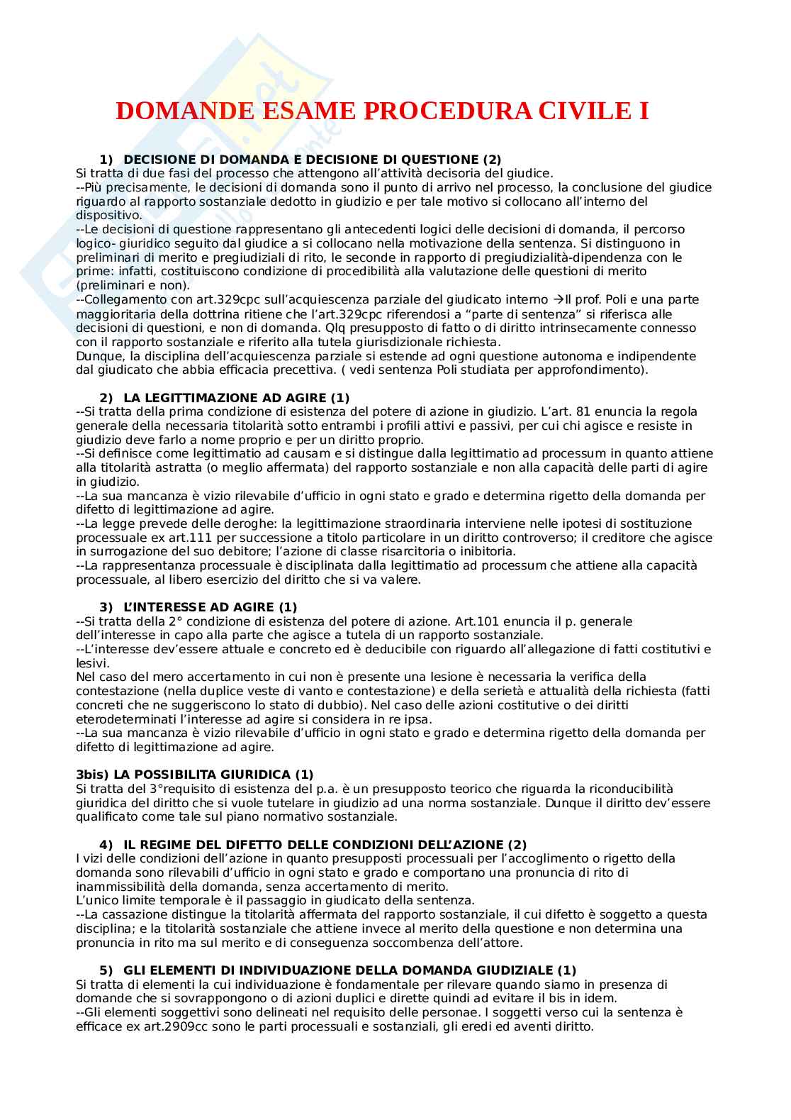 Domande d'esame Diritto processuale civile I Pag. 1