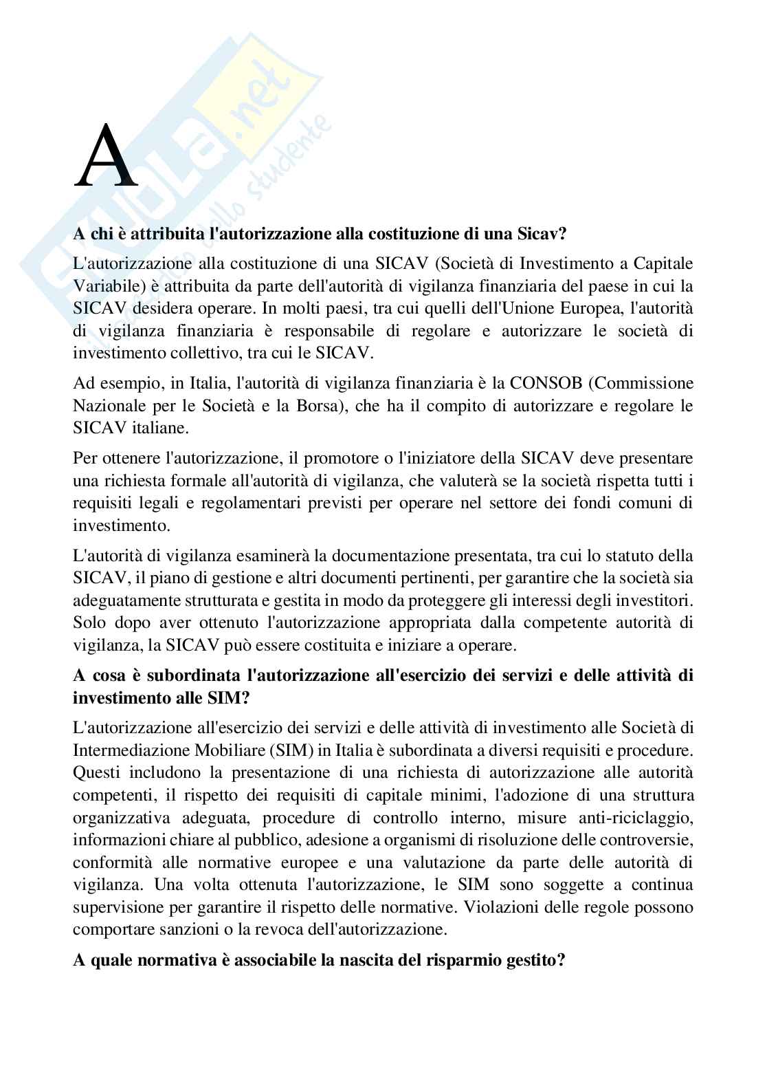 Economia degli intermediari finanziari - Domande aperte Pag. 1