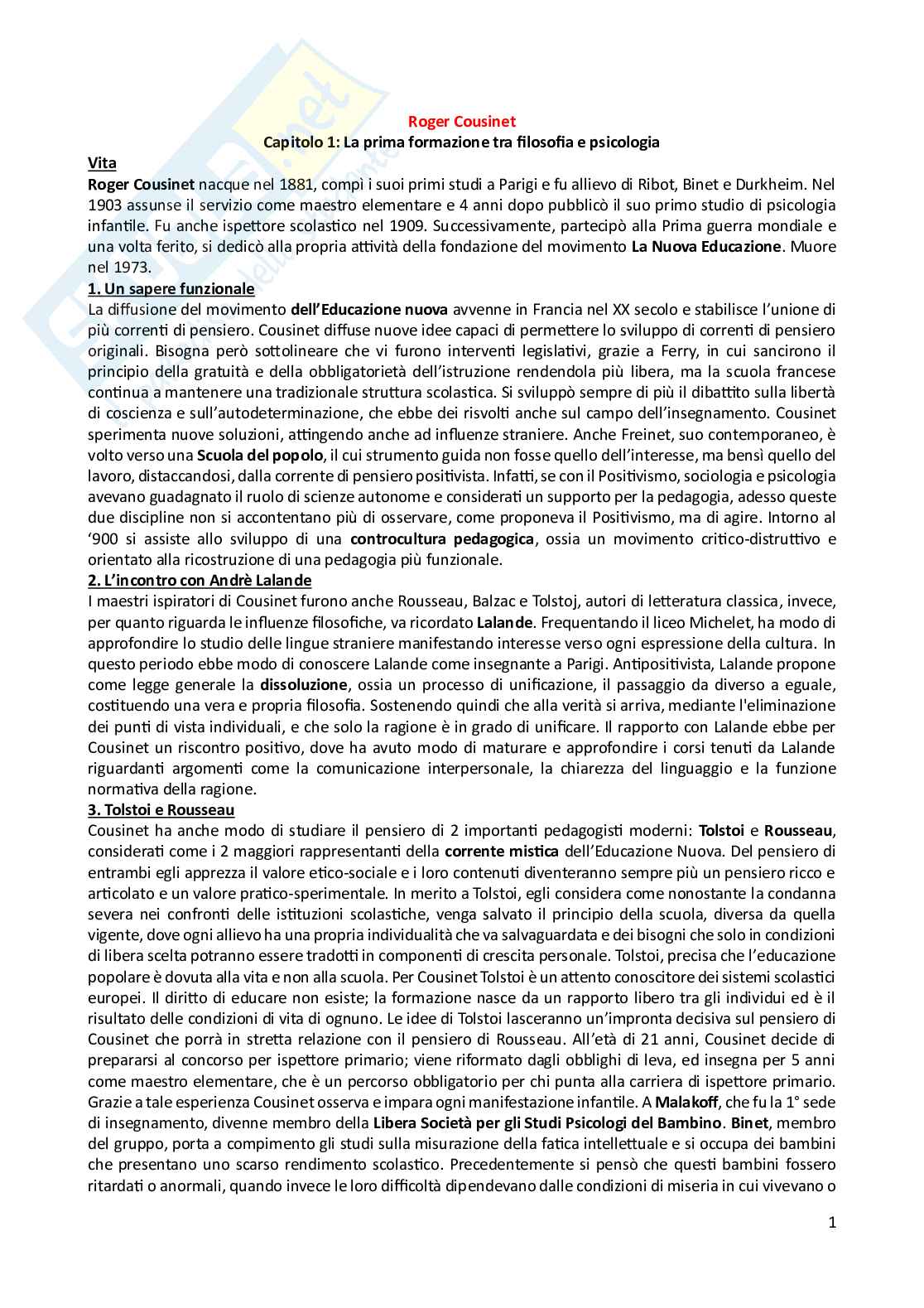 Riassunto esame Pedagogia generale , Prof. Tomarchio Maria, libro consigliato Roger Cousinet , Tomarchio Pag. 1