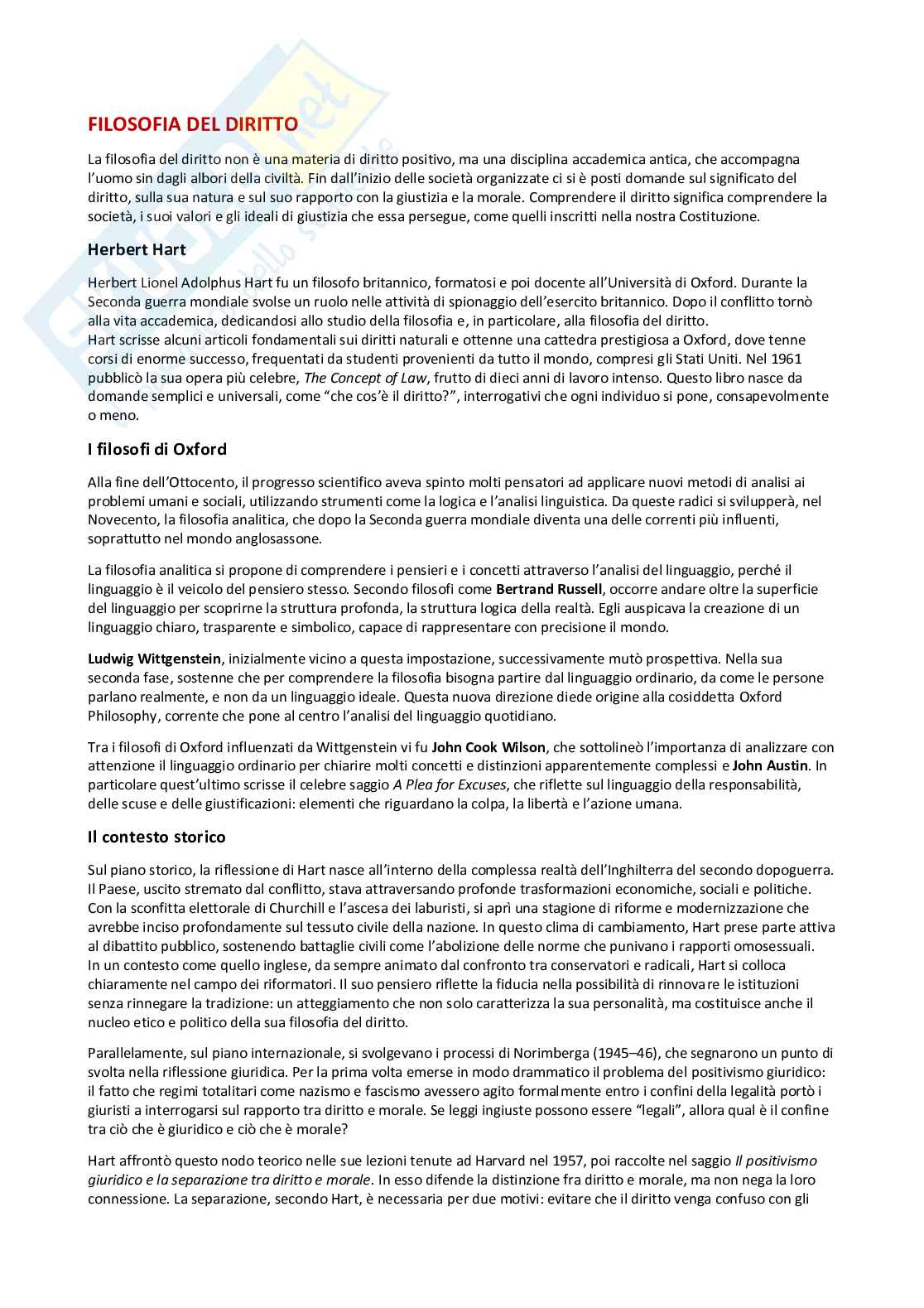 Riassunto esame Filosofia del diritto, Prof. Ricciardi Mario, libro consigliato Il concetto di diritto, Hart Pag. 1