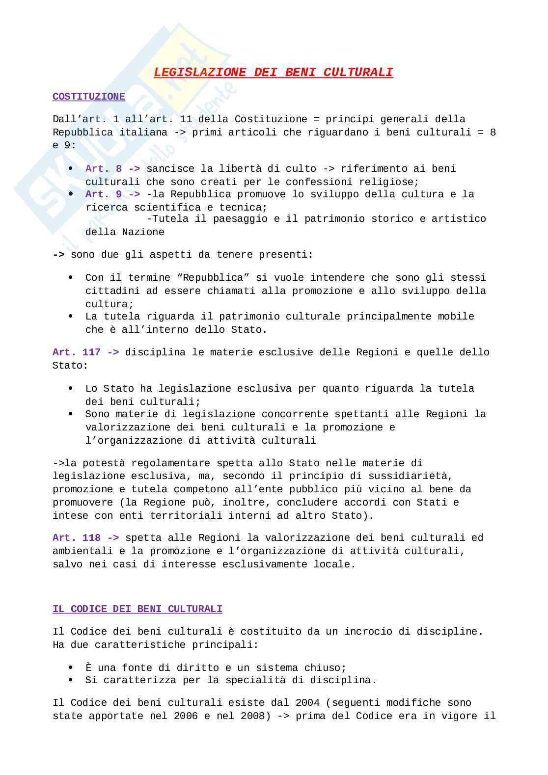 Legislazione dei beni culturali Pag. 1