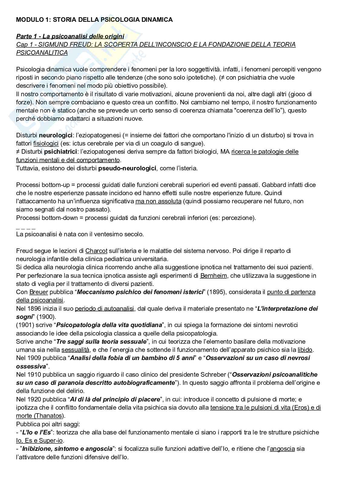 Riassunto esame Psicologia dinamica, Prof. Sideli Lucia, libro consigliato Psicologia dinamica, De Coro, A. & Ortu  Pag. 1