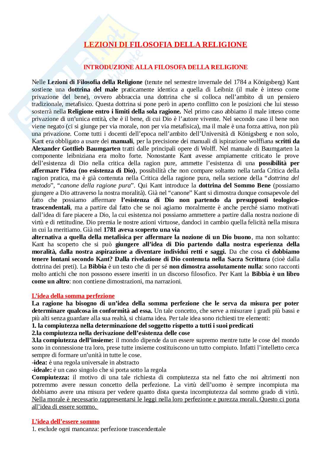Riassunto esame Storia della filosofia classica tedesca, Prof. Pranteda Maria Antonietta, libro consigliato Lezioni di filosofia della religione, Kant Pag. 1