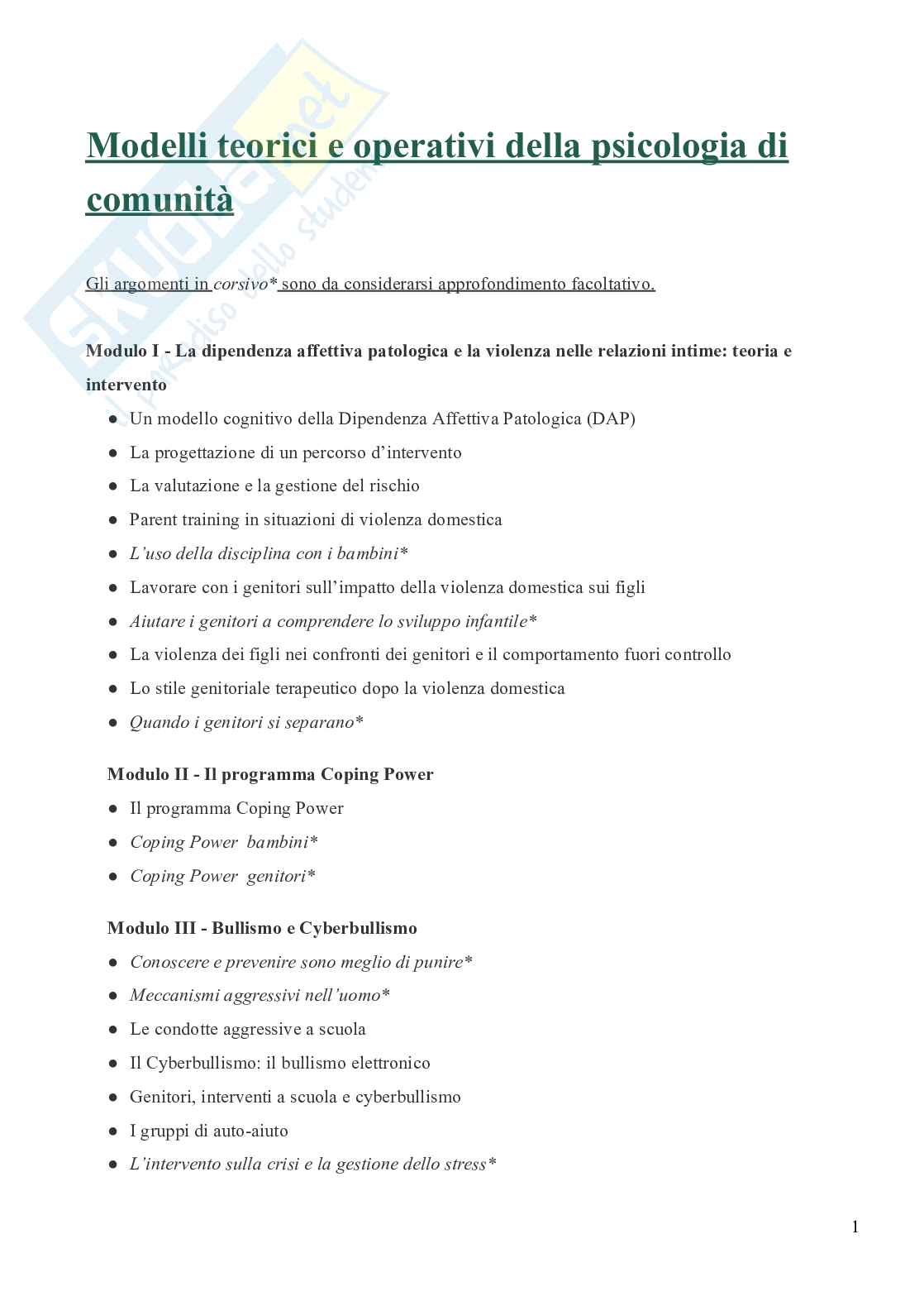 Estratto appunti Modelli teorici e operativi della psicologia di comunità Pag. 1