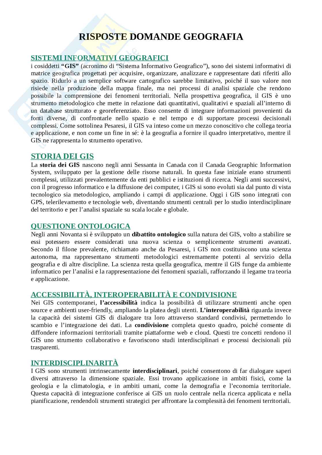 Riassunto esame Geografia generale, Prof. Pesaresi Cristiano, libro consigliato Geografia generale, Pesaresi Pag. 1