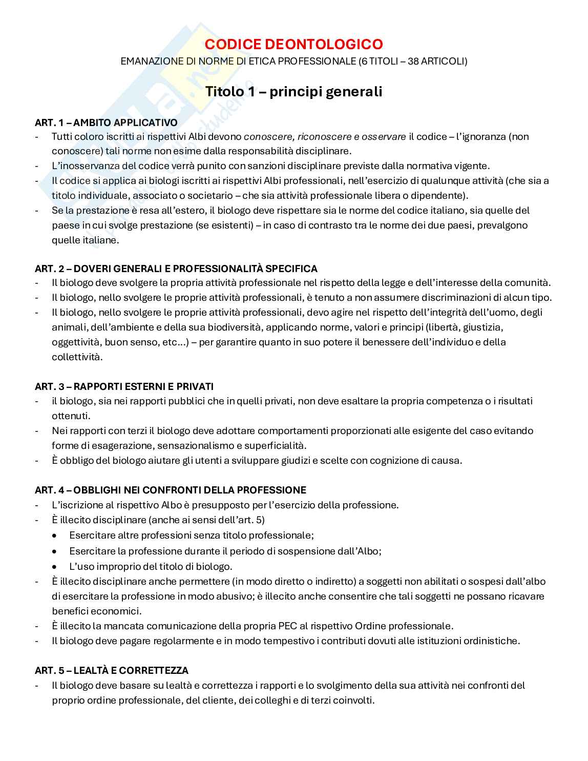 Codice deontologico per Esame di Stato per biologo (va bene per tutte le università) Pag. 1