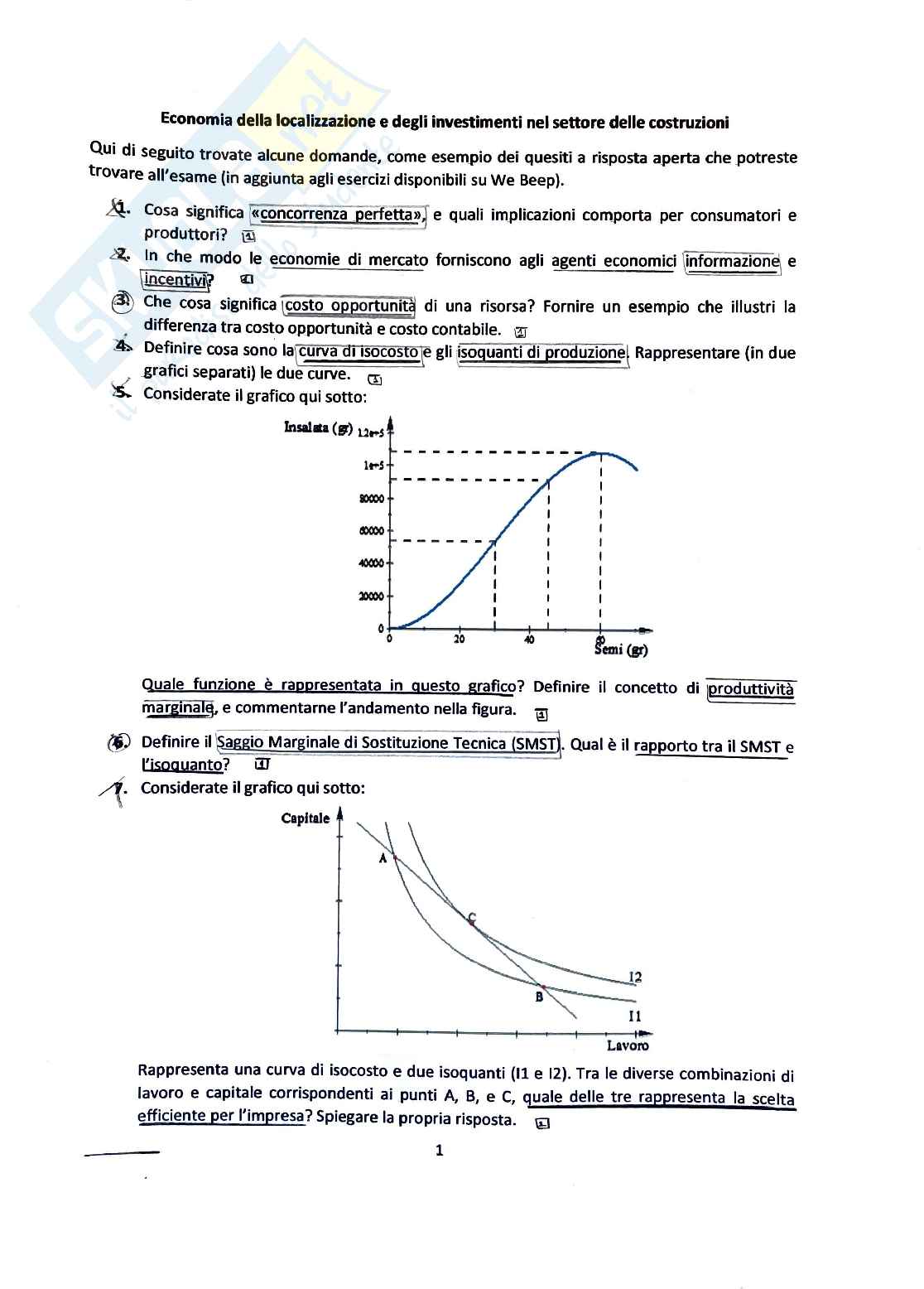 Risposte domande teoriche ed esercizi svolti per il primo parziale di economia Pag. 1