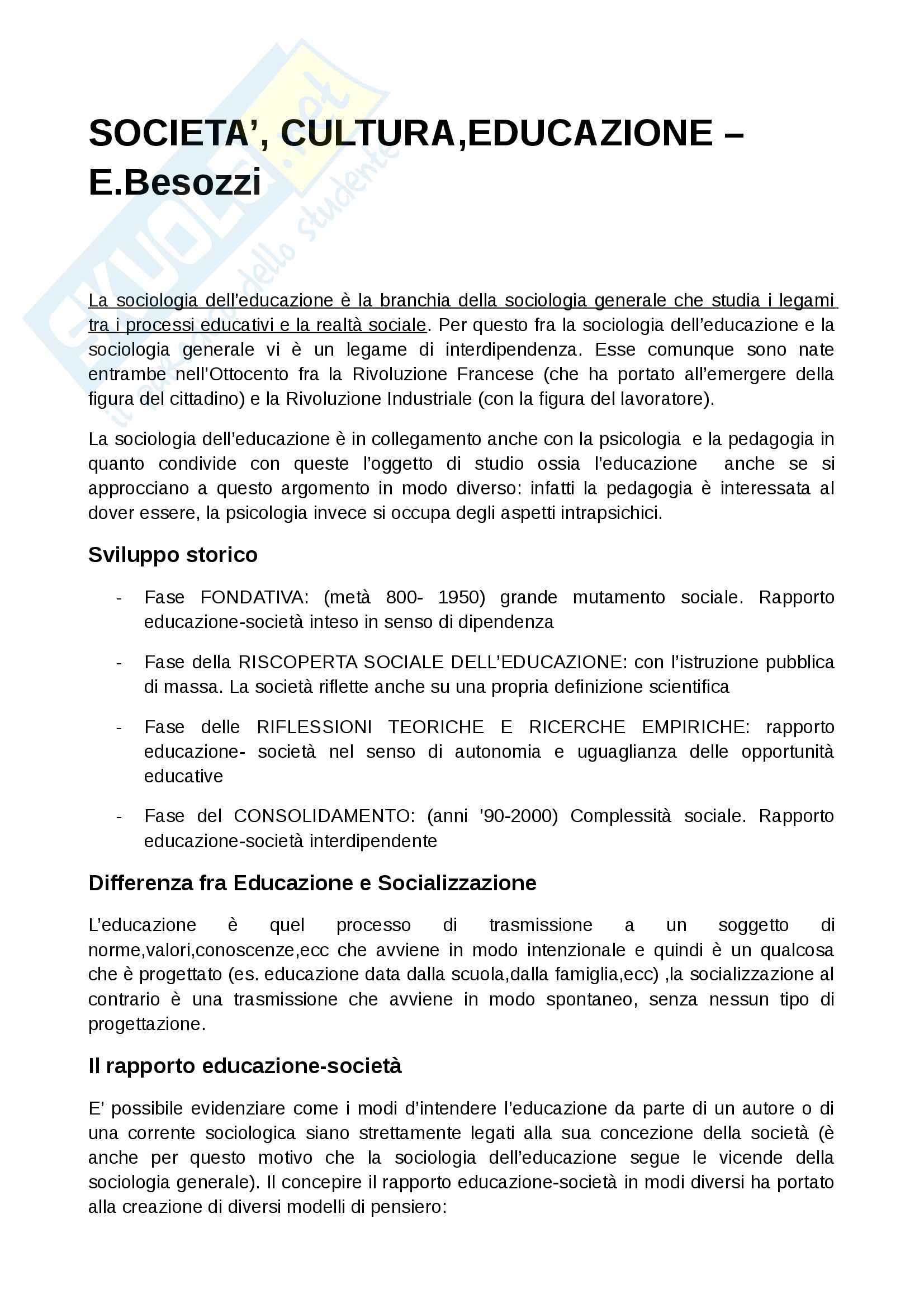 Riassunto esame Sociologia dell'educazione, prof. Giardiello, libro consigliato Società cultura educazione, Besozzi Pag. 1
