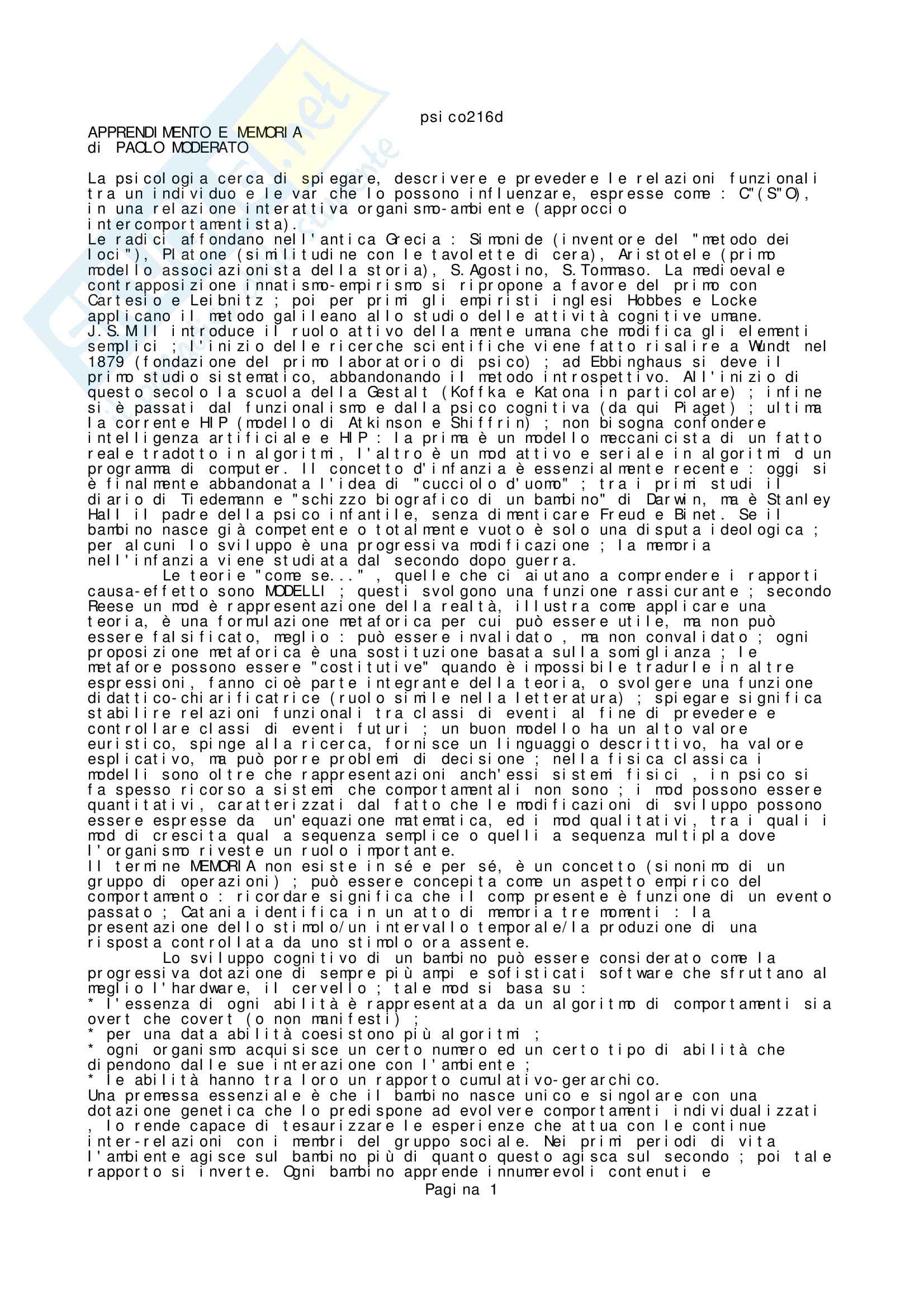 Psicologia - Apprendimento e memoria Pag. 1