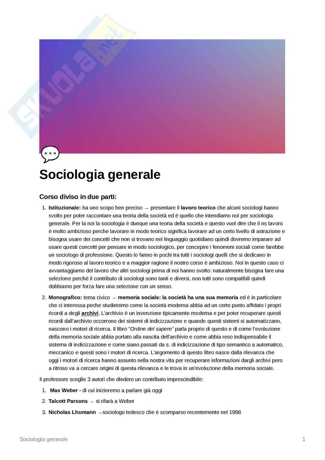 Appunti presi a lezione Sociologia generale   Pag. 1