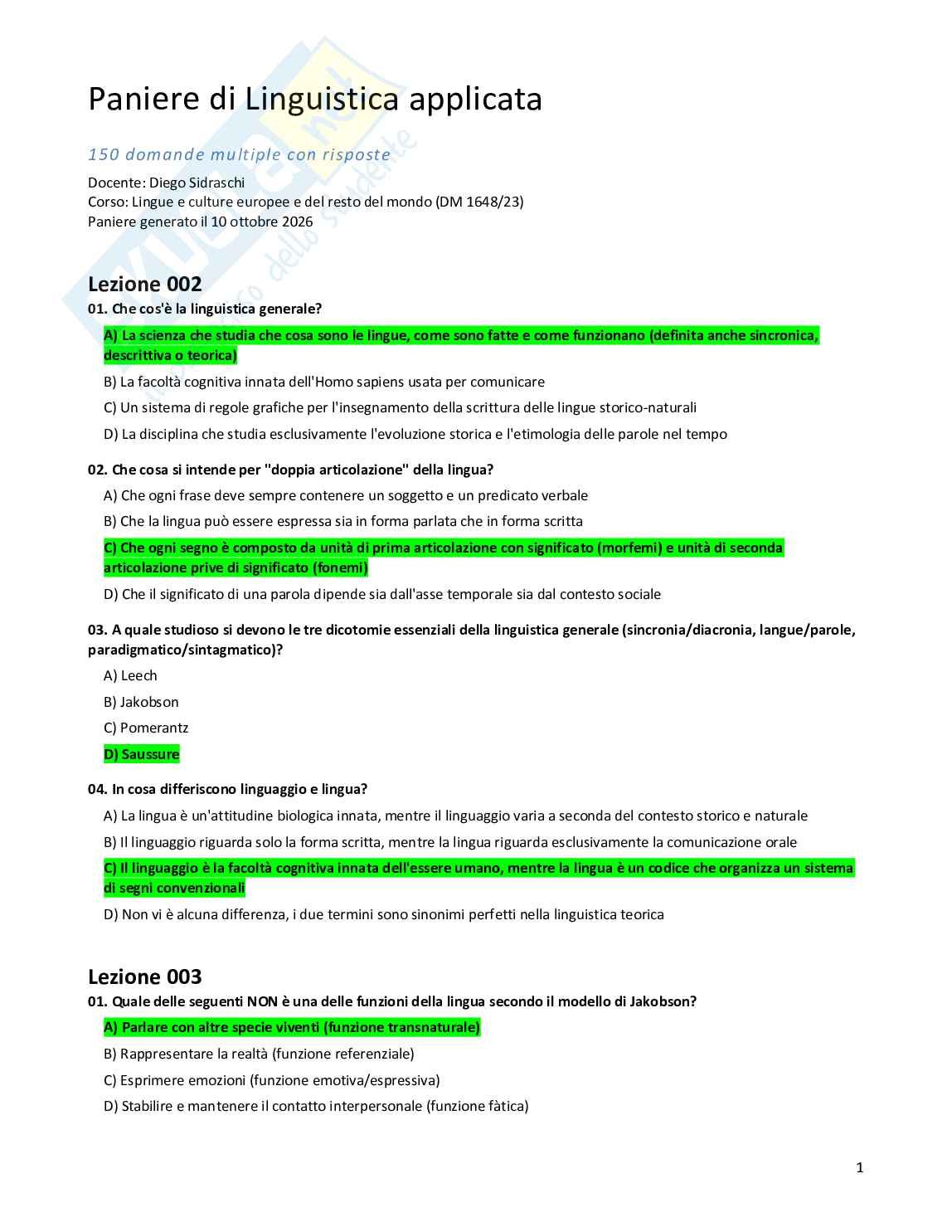 Quiz risolti Linguistica applicata, 2026 Pag. 1
