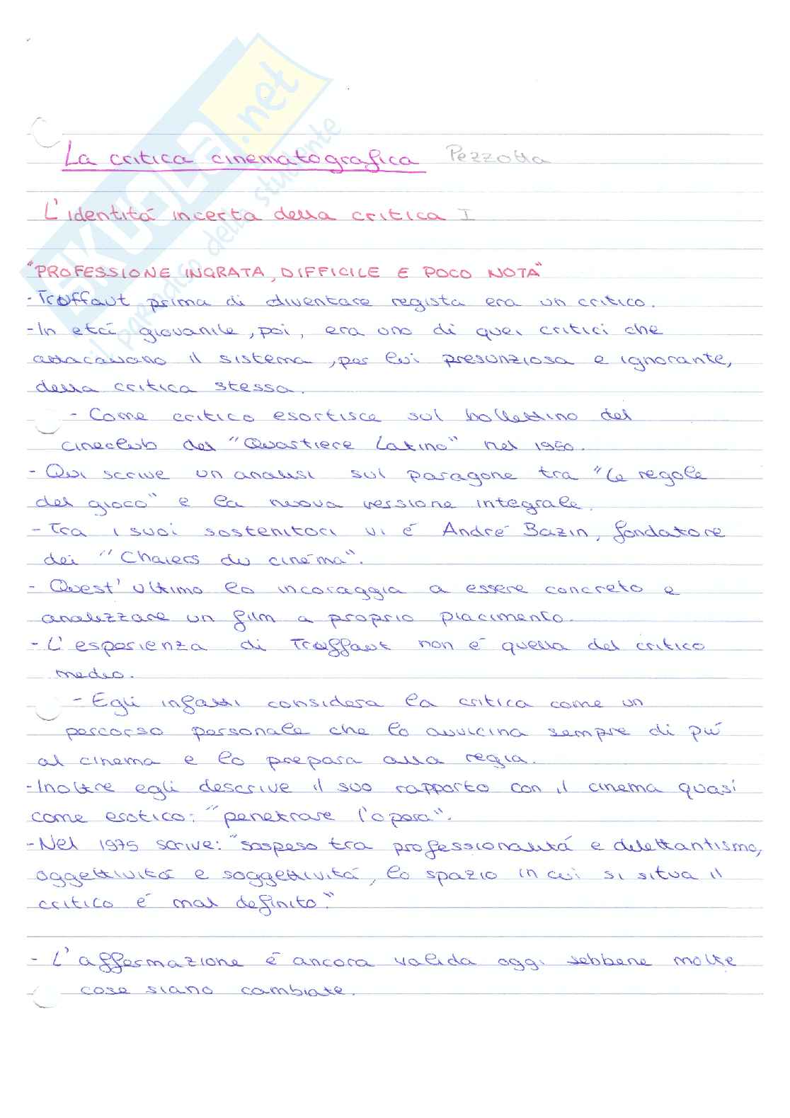 Appunti completi per l'esame di "Critica cinematografica" Pag. 1