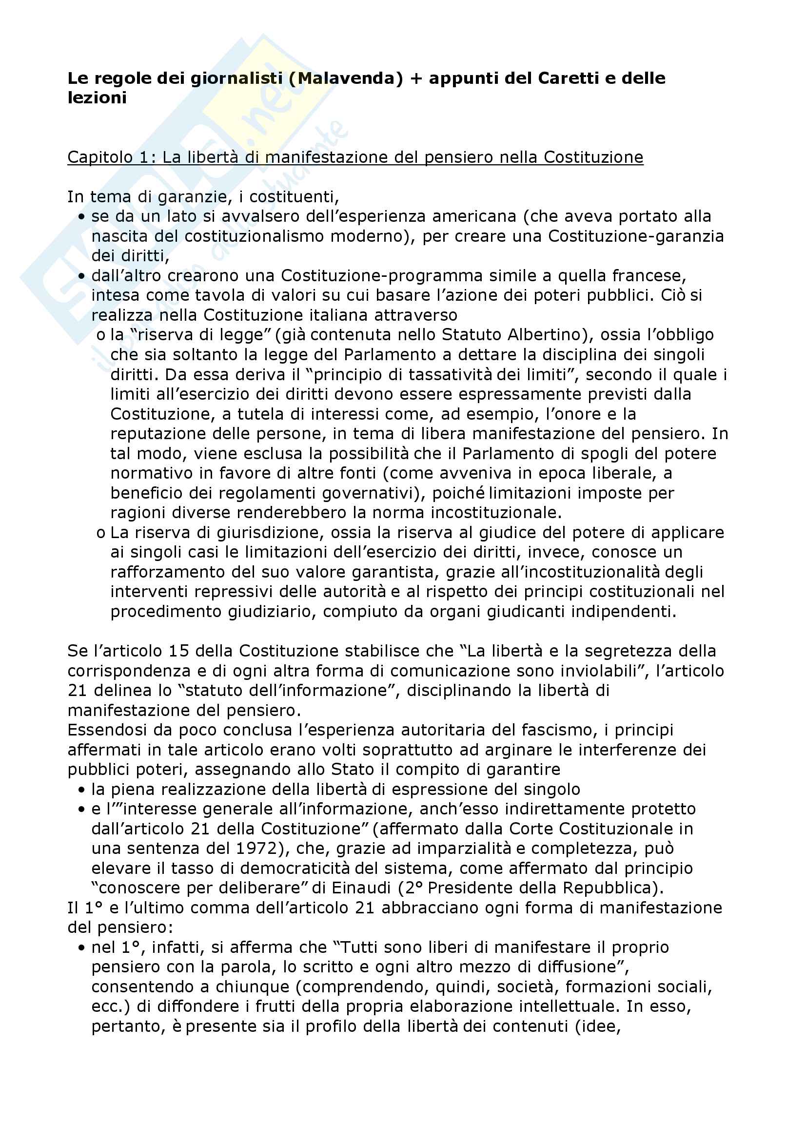 Riassunto esame Diritto dell'informazione e della comunicazione, prof. Magnani, libro consigliato Le regole dei giornalisti, Malavenda Pag. 1