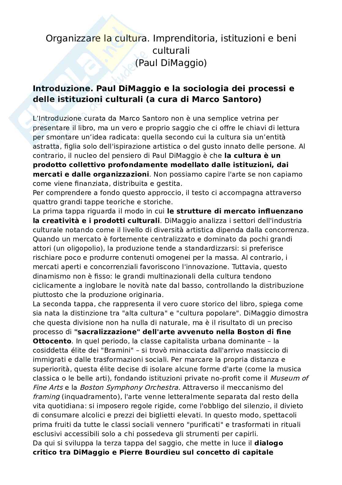 Riassunto esame Organizzazione e Economia dello Spettacolo, Prof. Biagiotti Andrea, libro consigliato  Organizzare la cultura. Imprenditoria, istituzioni e beni culturali, DiMaggio Pag. 1