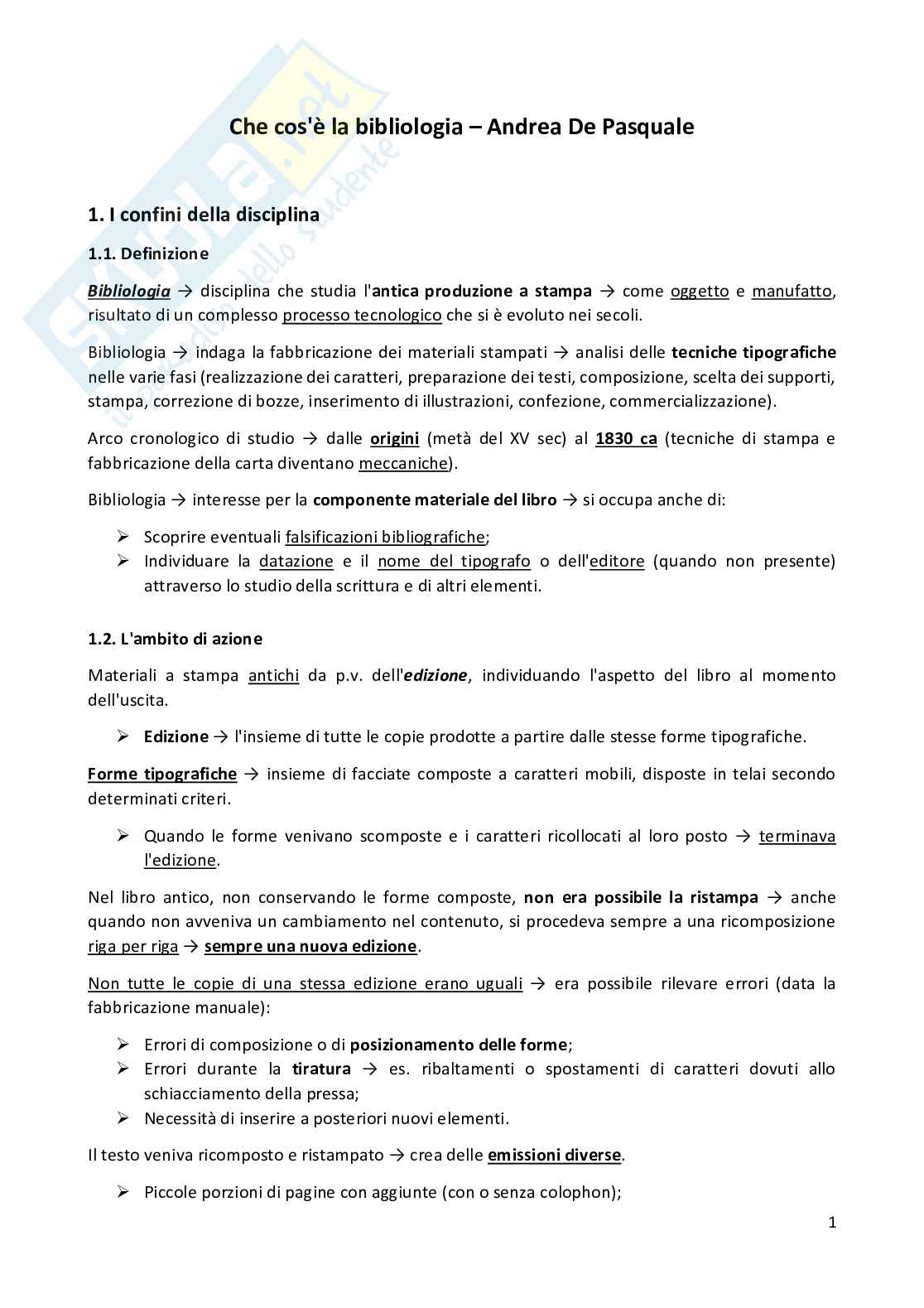 Riassunto esame Bibliologia, prof. Sonzini, libro consigliato Che cos'è la bibliologia, De Pasquale Pag. 1