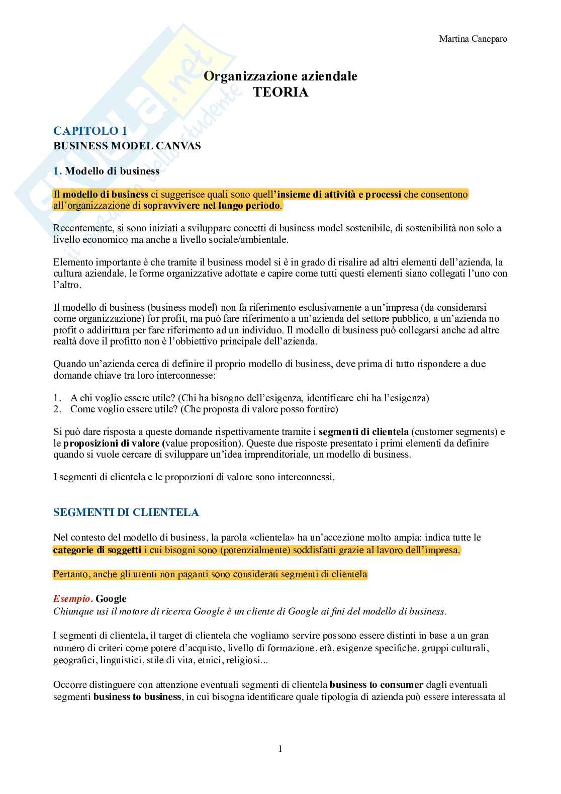 Organizzazione aziendale – Teoria completa in 9 capitoli (canvas, Mintzberg, forme) Pag. 1