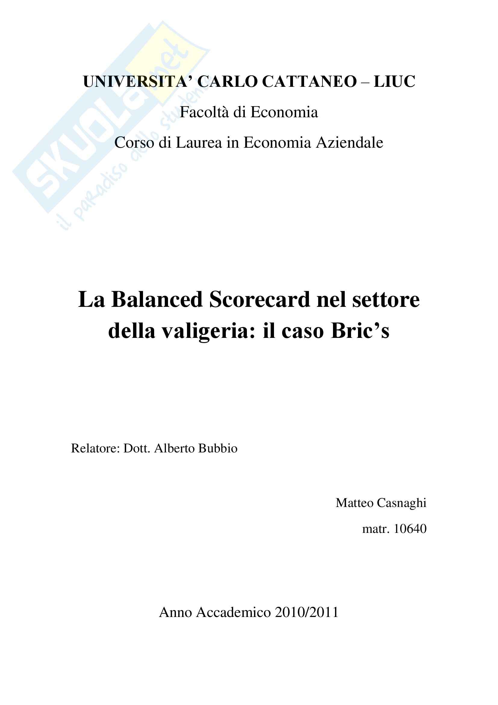 Balance Scorecard nel settore della valigeria: il caso Bric's, Programmazione e controllo Pag. 1