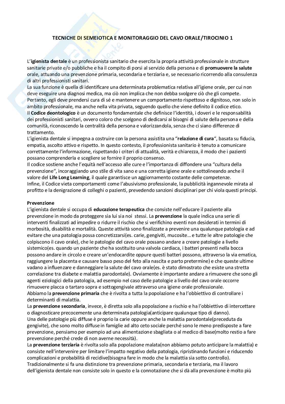 Tirocinio 1 e tecniche di semeiotica e monitoraggio del cavo orale Pag. 1