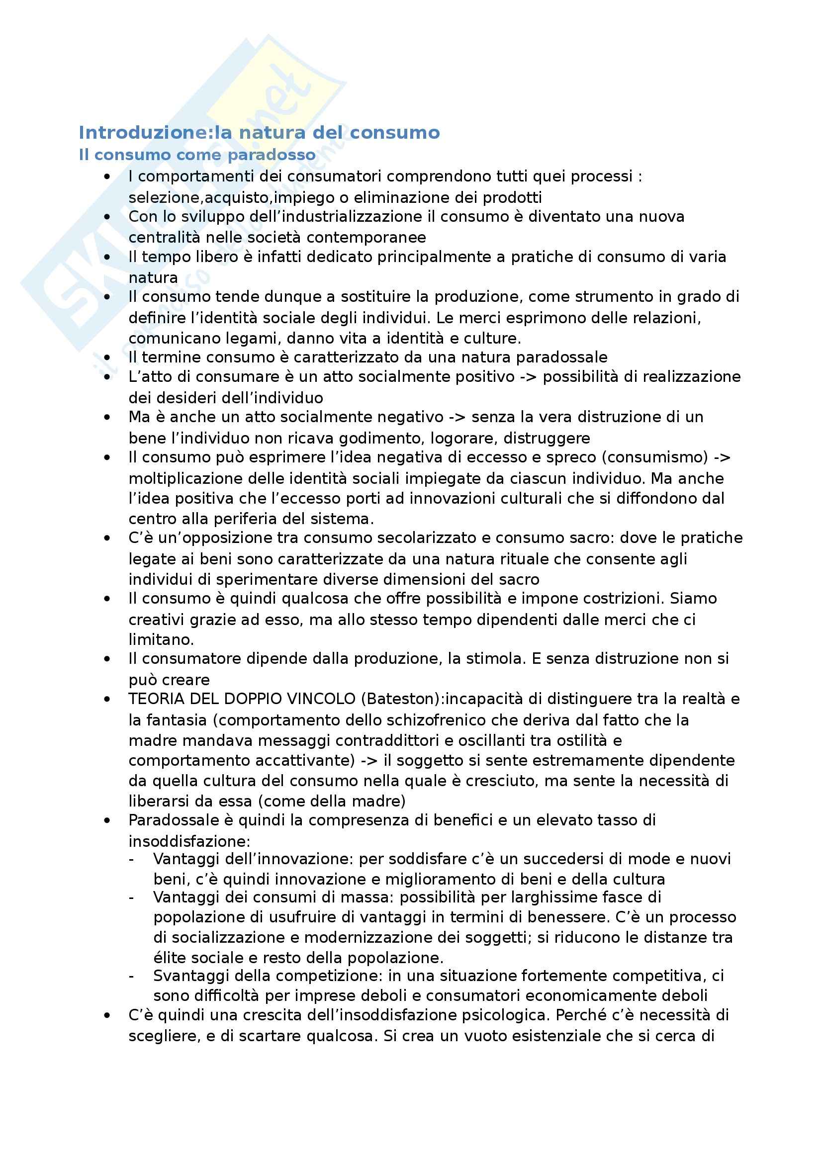 Riassunto esame Sociologia dei consumi, prof. Ferraresi, libro consigliato Manuale di sociologia dei consumi Pag. 1