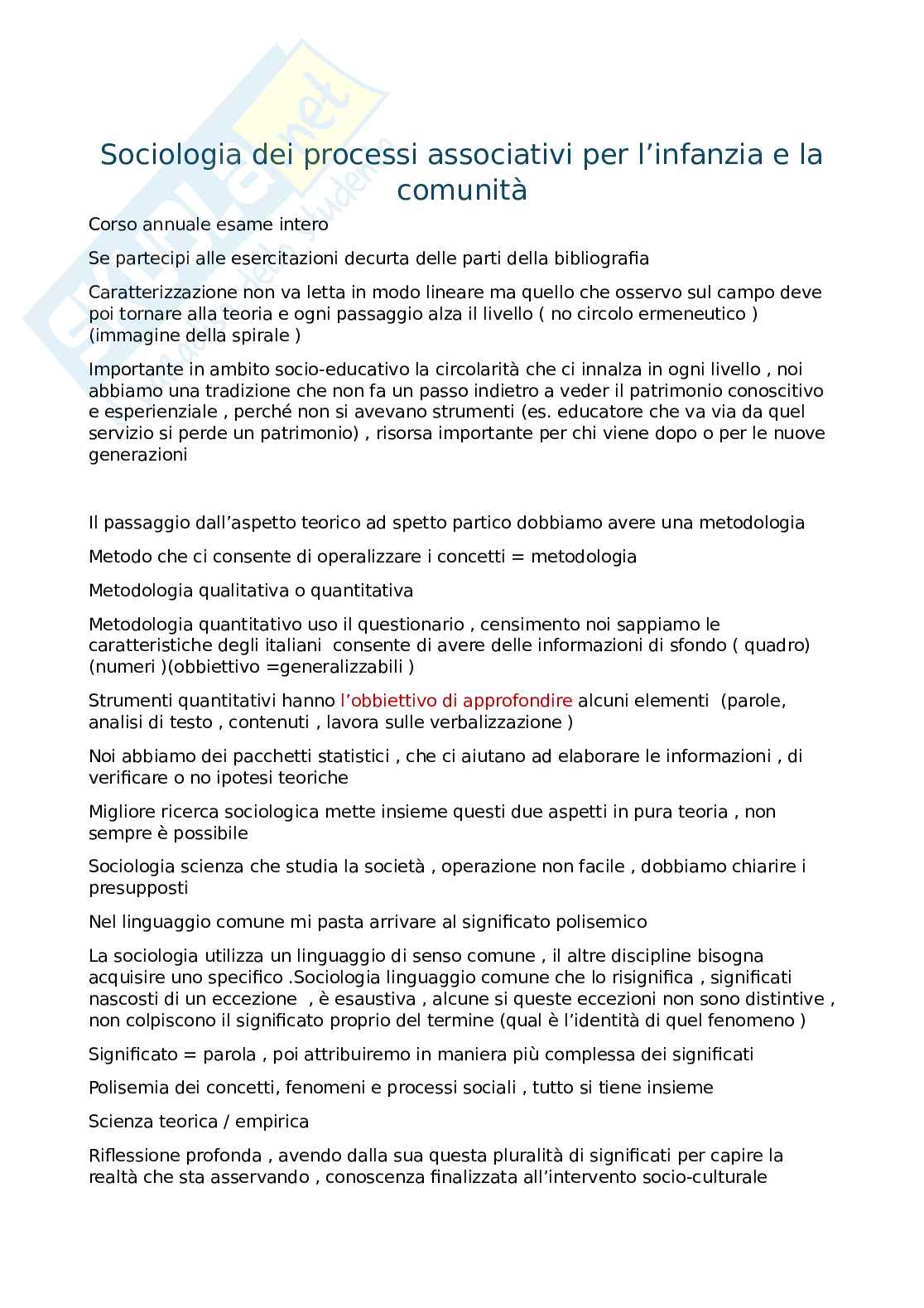 Sociologia dei processi associativi della comunità per l'infanzia Pag. 1