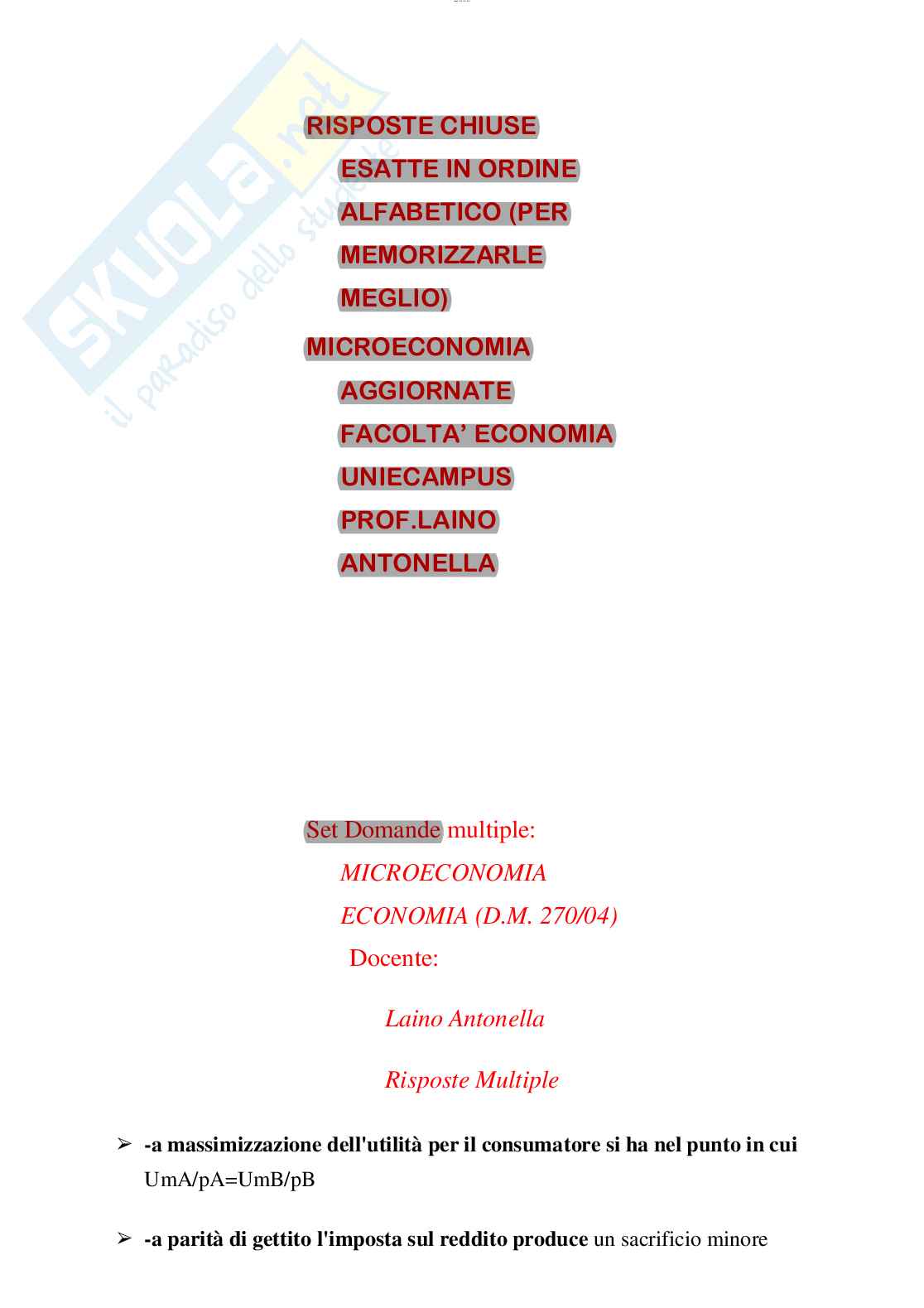 Risposte chiuse in ordine alfabetico di Microeconomia aggiornate al 2023 Pag. 1