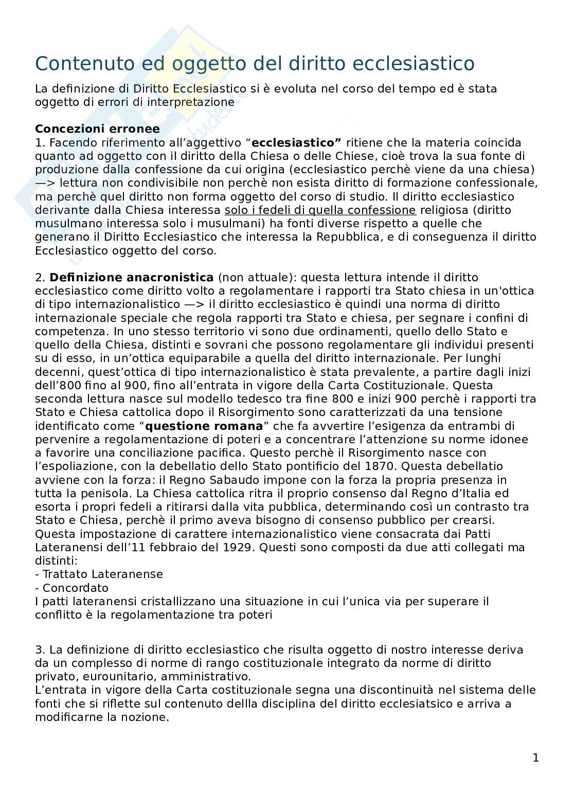 Appunti lezioni Diritto ecclesiastico Pag. 1