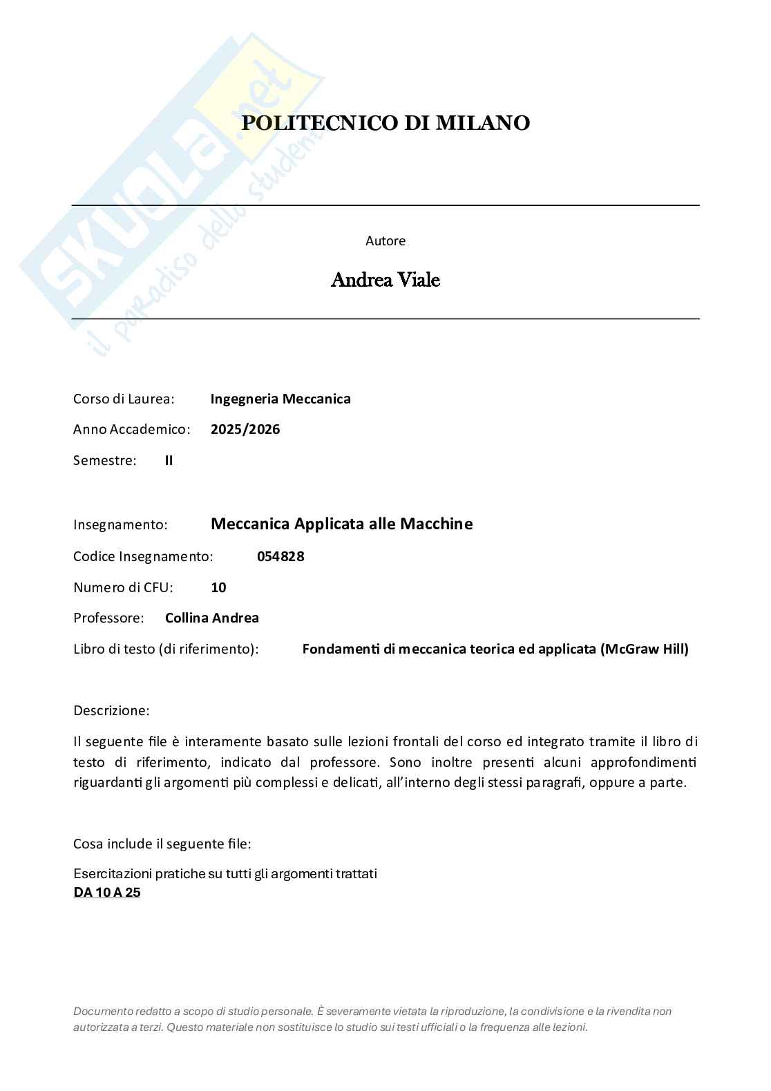Esercizi svolti e Prove esame di Meccanica applicata alle macchine - Parte 2 Pag. 1