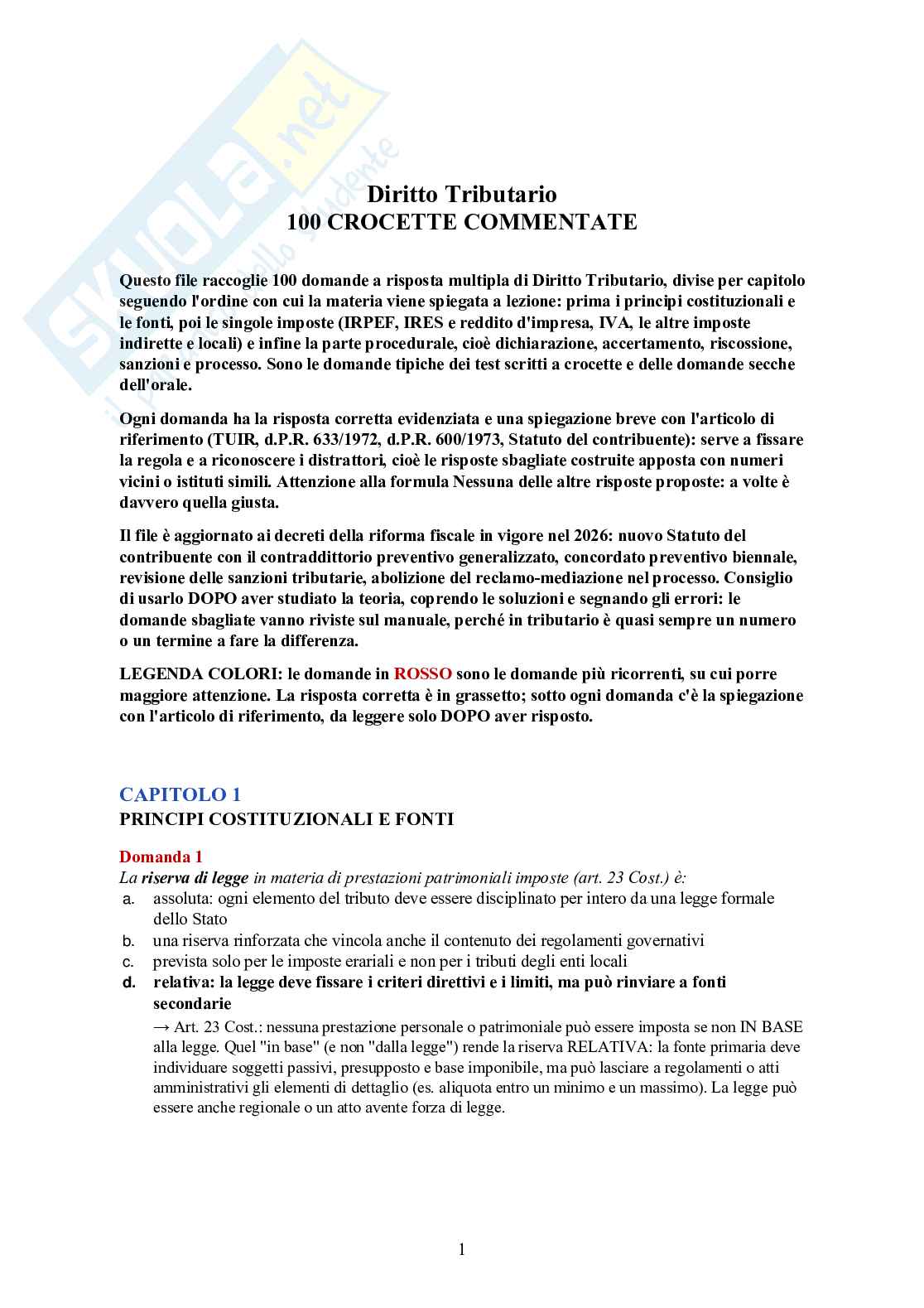 Diritto tributario – 100 crocette commentate (IRPEF, IRES, IVA, accertamento) Pag. 1