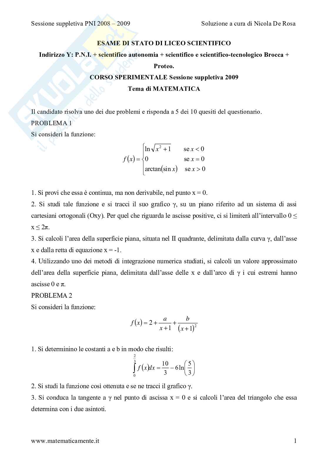 2009 - liceo scientifico pni e sperimentazioni varie prova suppletiva Pag. 1