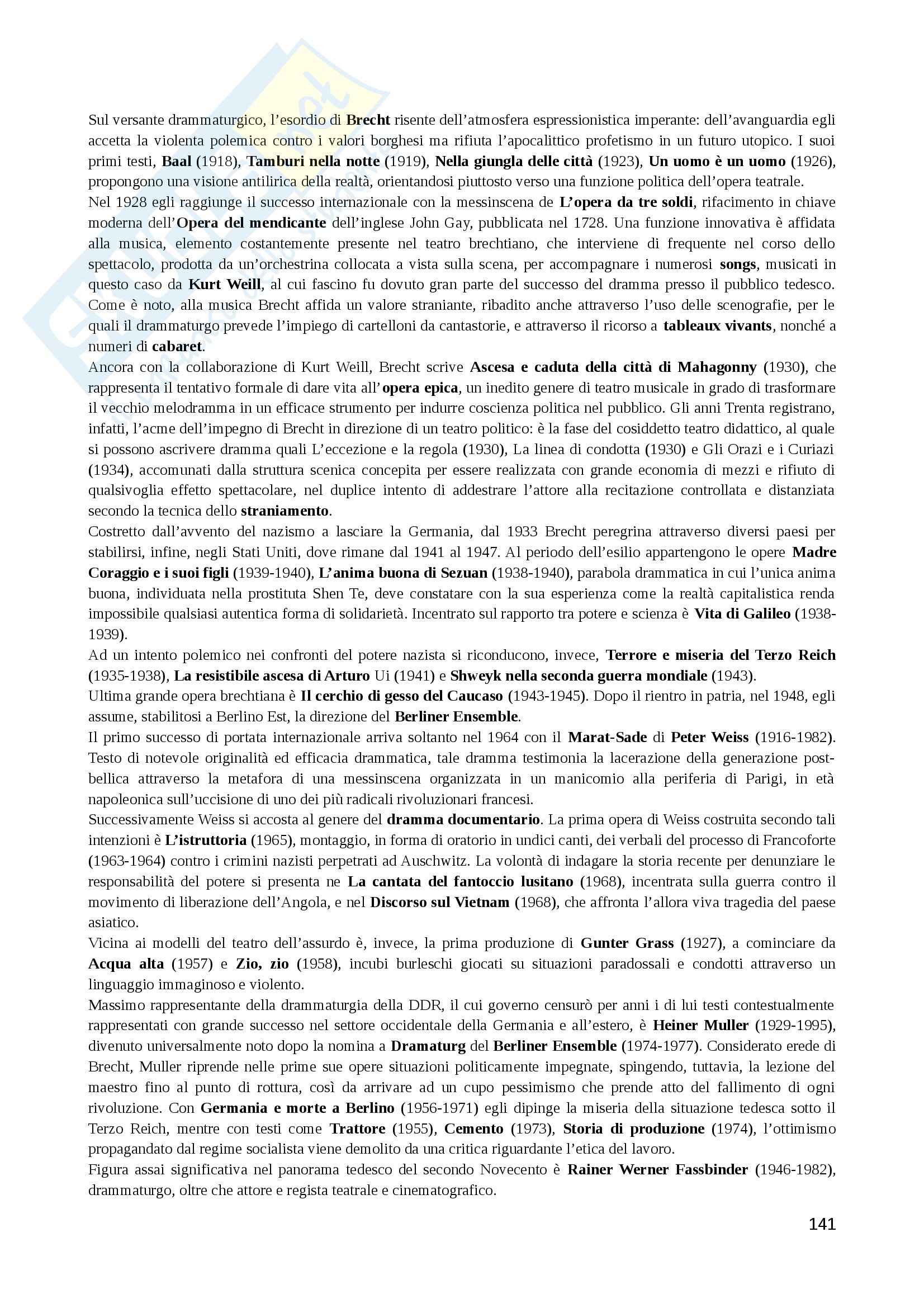 Riassunto esame Storia del teatro, prof. Bentoglio, libro consigliato Storia del teatro dell'occidente, Bosisio Pag. 141
