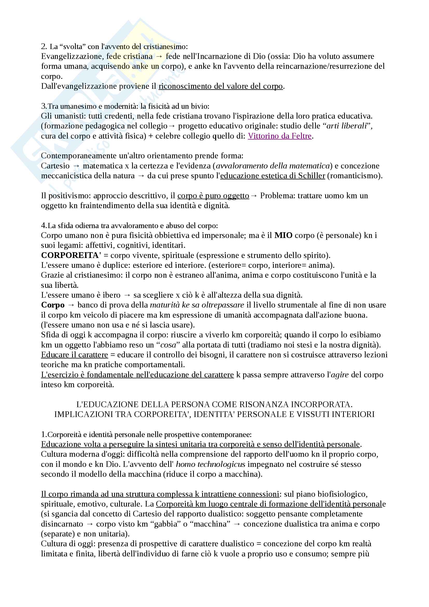 Riassunto esame "pedagogia", prof. Mari Giuseppe, libro consigliato: Pedagogia del movimento e della corporeità, autore: Giuseppe Mari Pag. 2