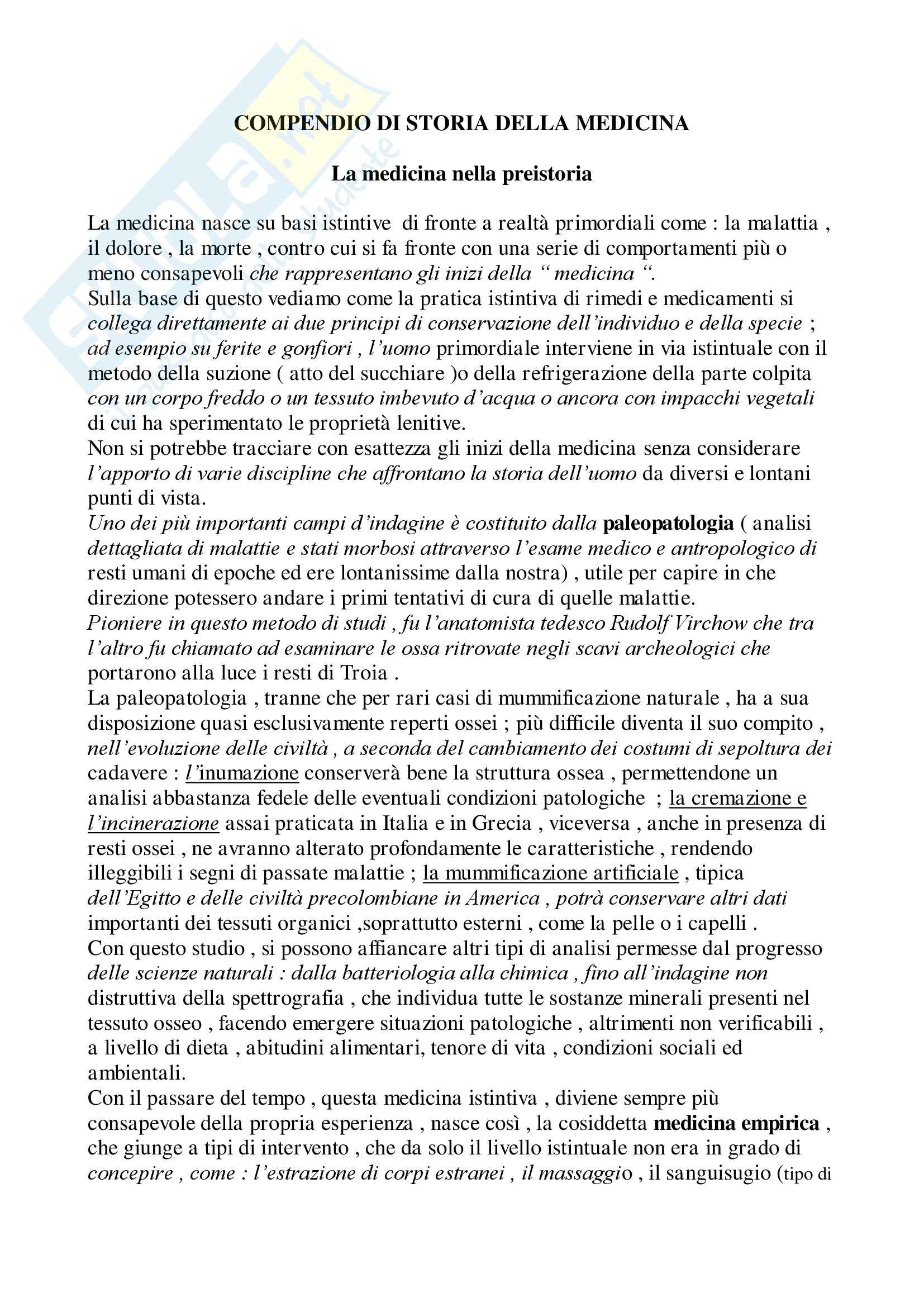 Compendio di storia della medicina - Riassunto esame, prof. Capocci Pag. 1