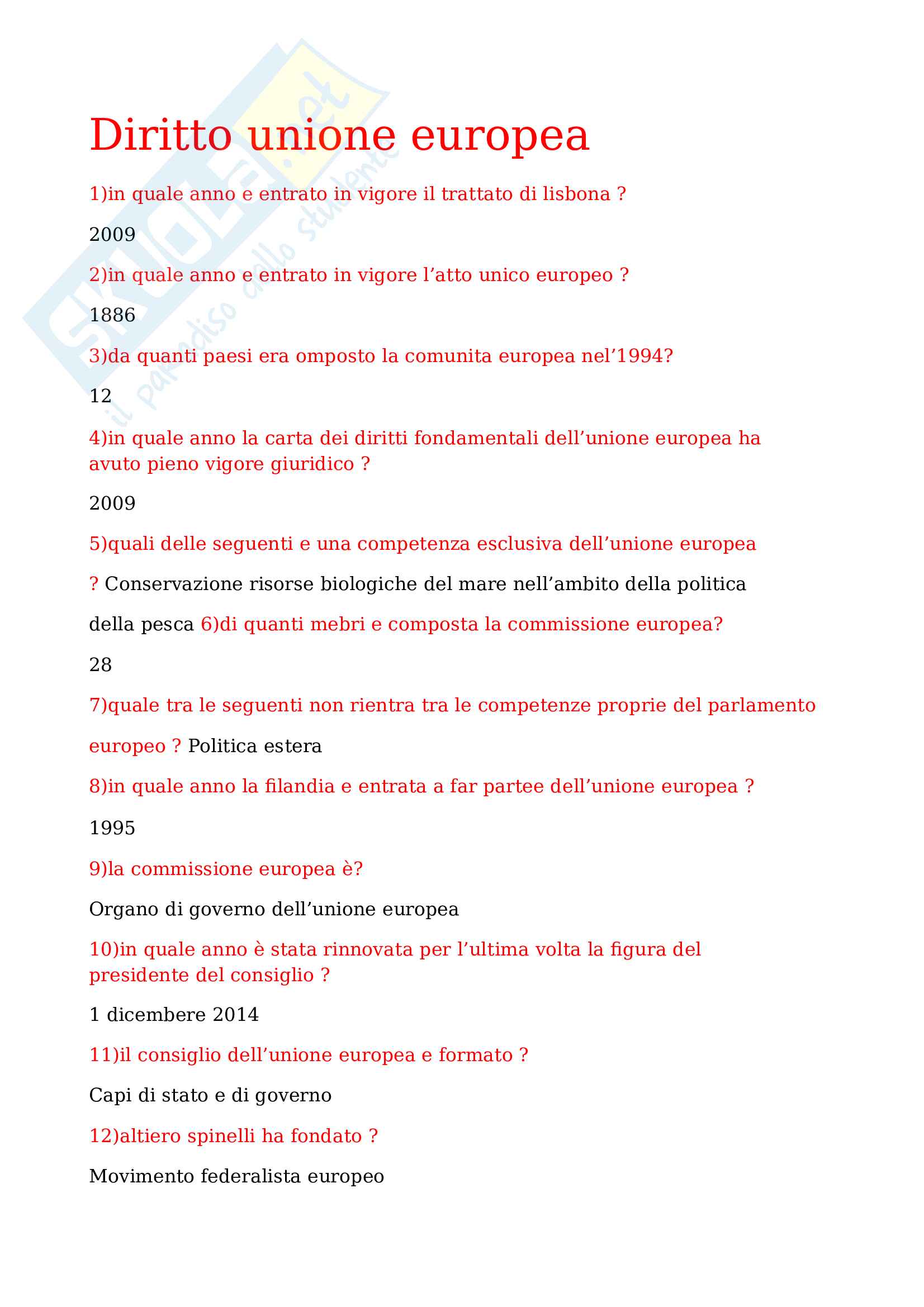 Diritto dell'Unione Europea: Domande Esame