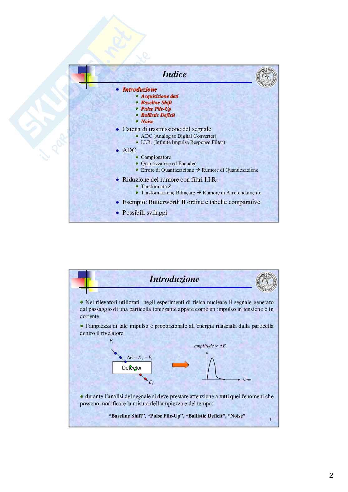 Filtraggio digitale di segnali generati da Rivelatori di Particelle Nucleari Pag. 2