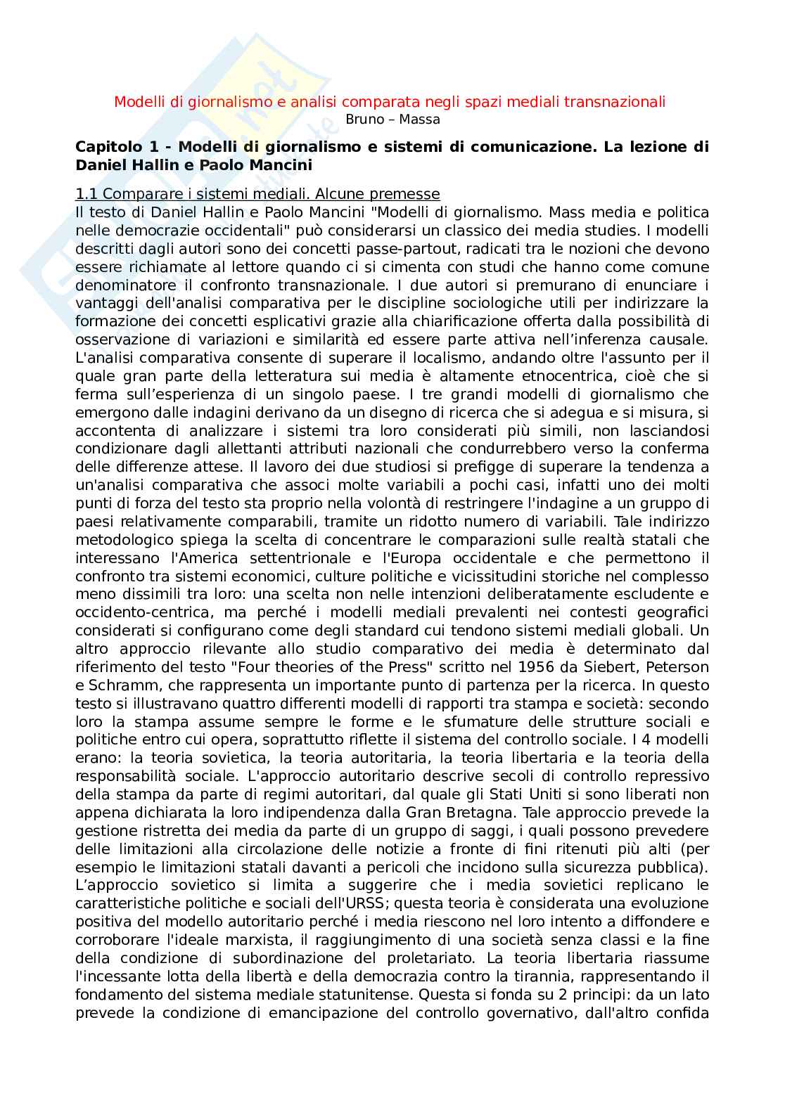 Riassunto esame Storia e modelli del giornalismo, prof. Bruno, libro consigliato Modelli di giornalismo e analisi comparata negli spazi mediali transnazionali, Bruno, Massa Pag. 1