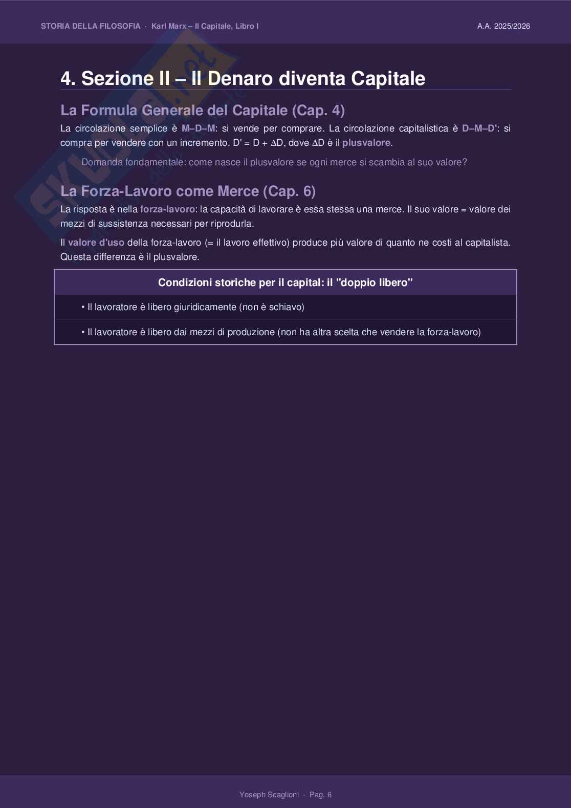 Riassunto esame Storia della filosofia , Prof. Morfino Vittorio, libro consigliato Il Capitale , Marx Pag. 6