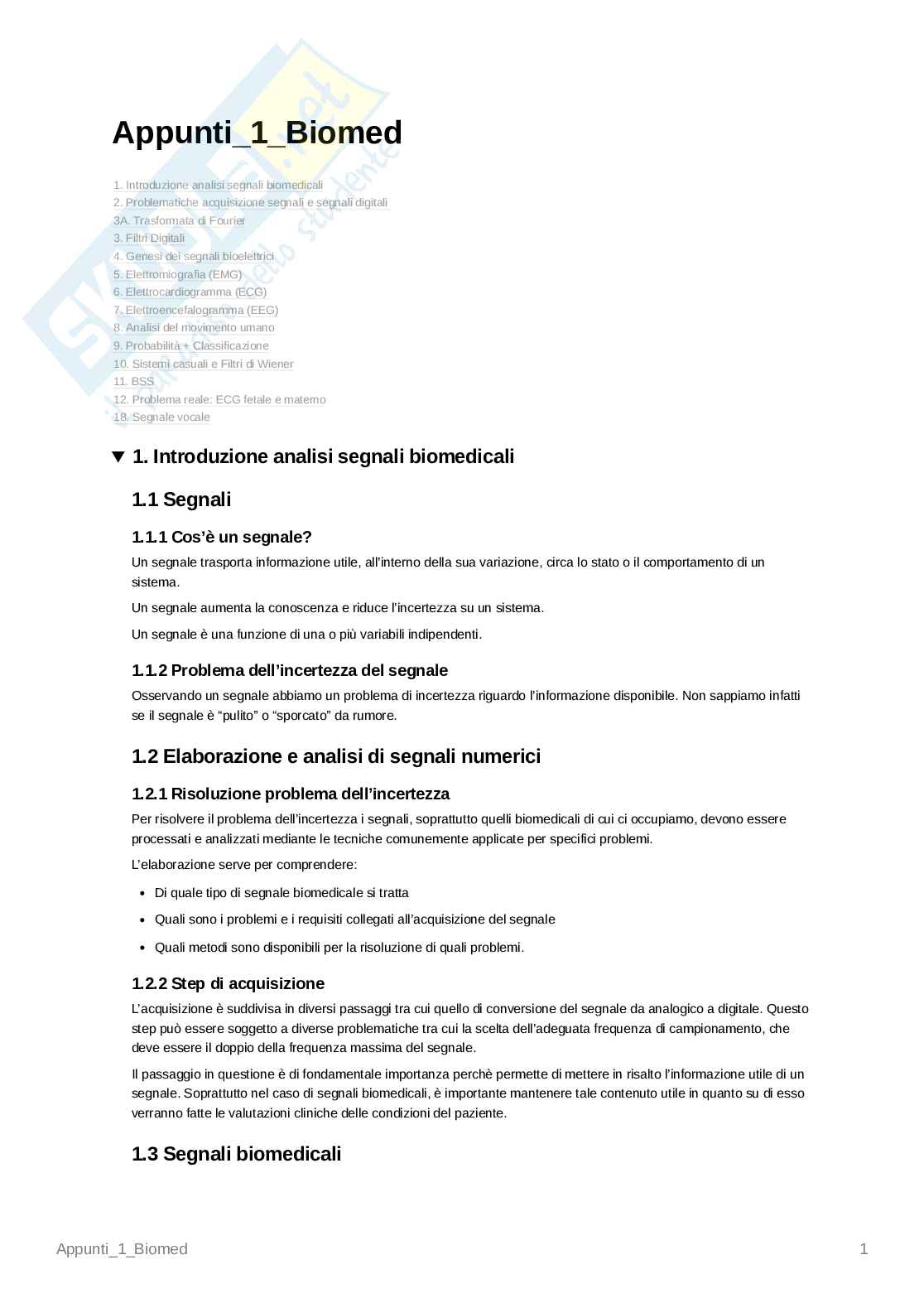 Appunti Applicazioni biomediche per la salute e il benessere Pag. 1