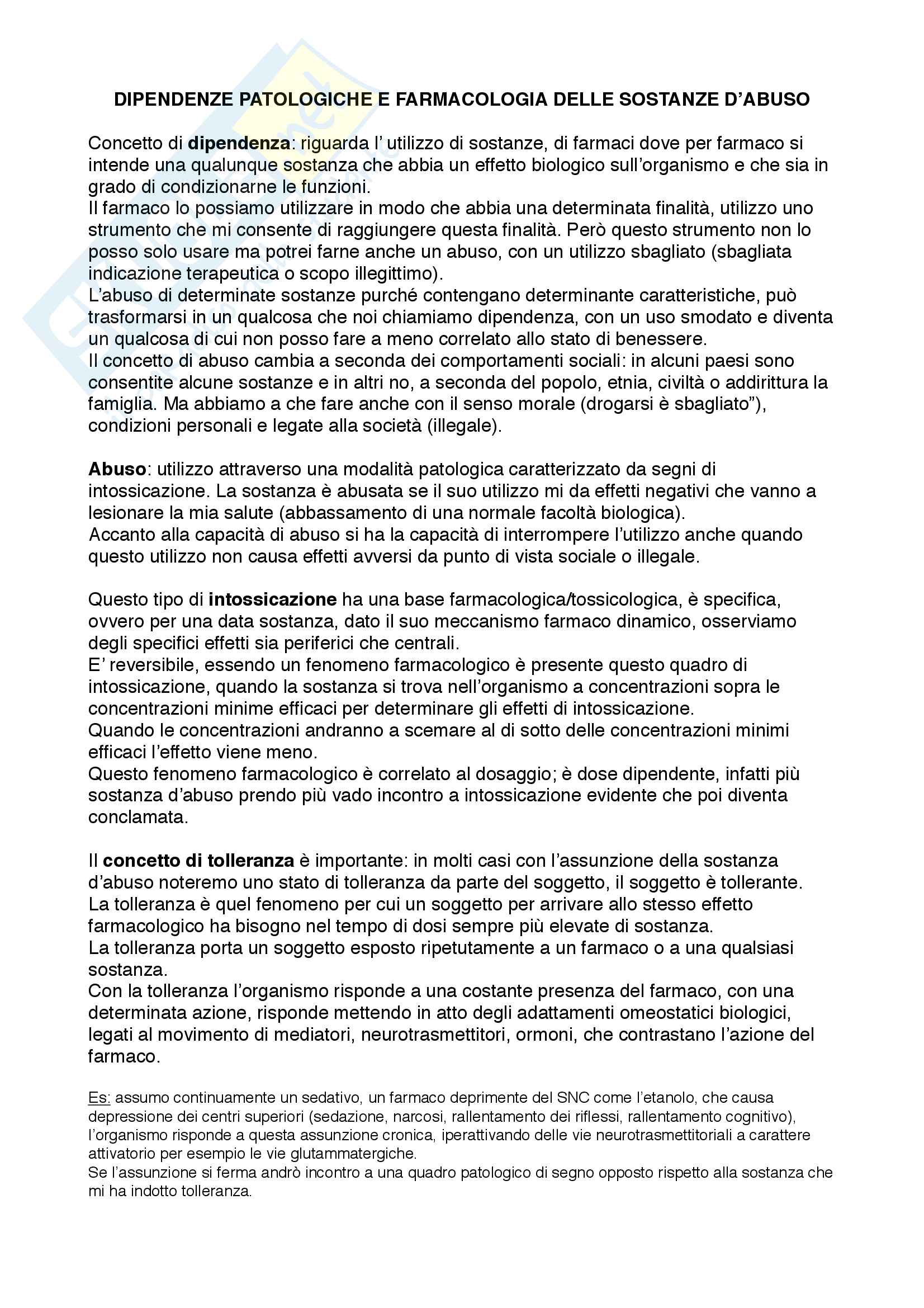 Dipendenze patologiche e farmacologia delle sostanze d'abuso Pag. 1