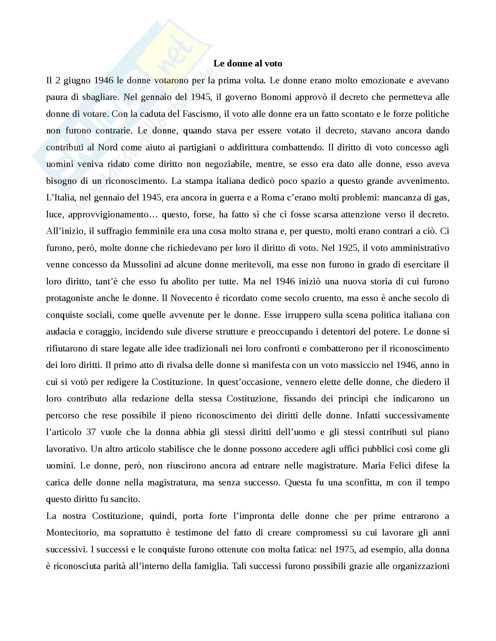 Storia contemporanea - le donne al voto nel 1946 Pag. 1