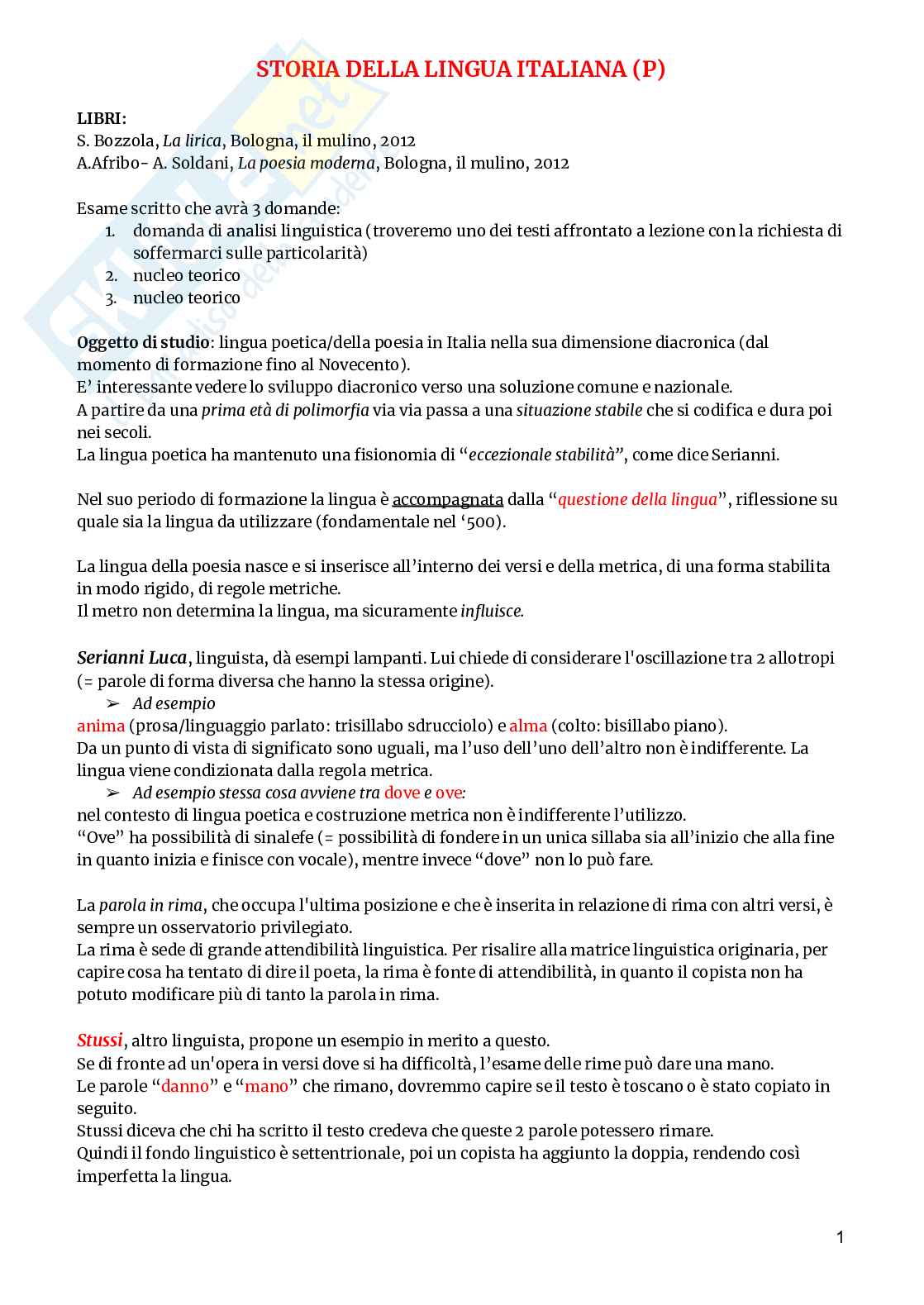 Storia della lingua italiana Pag. 1