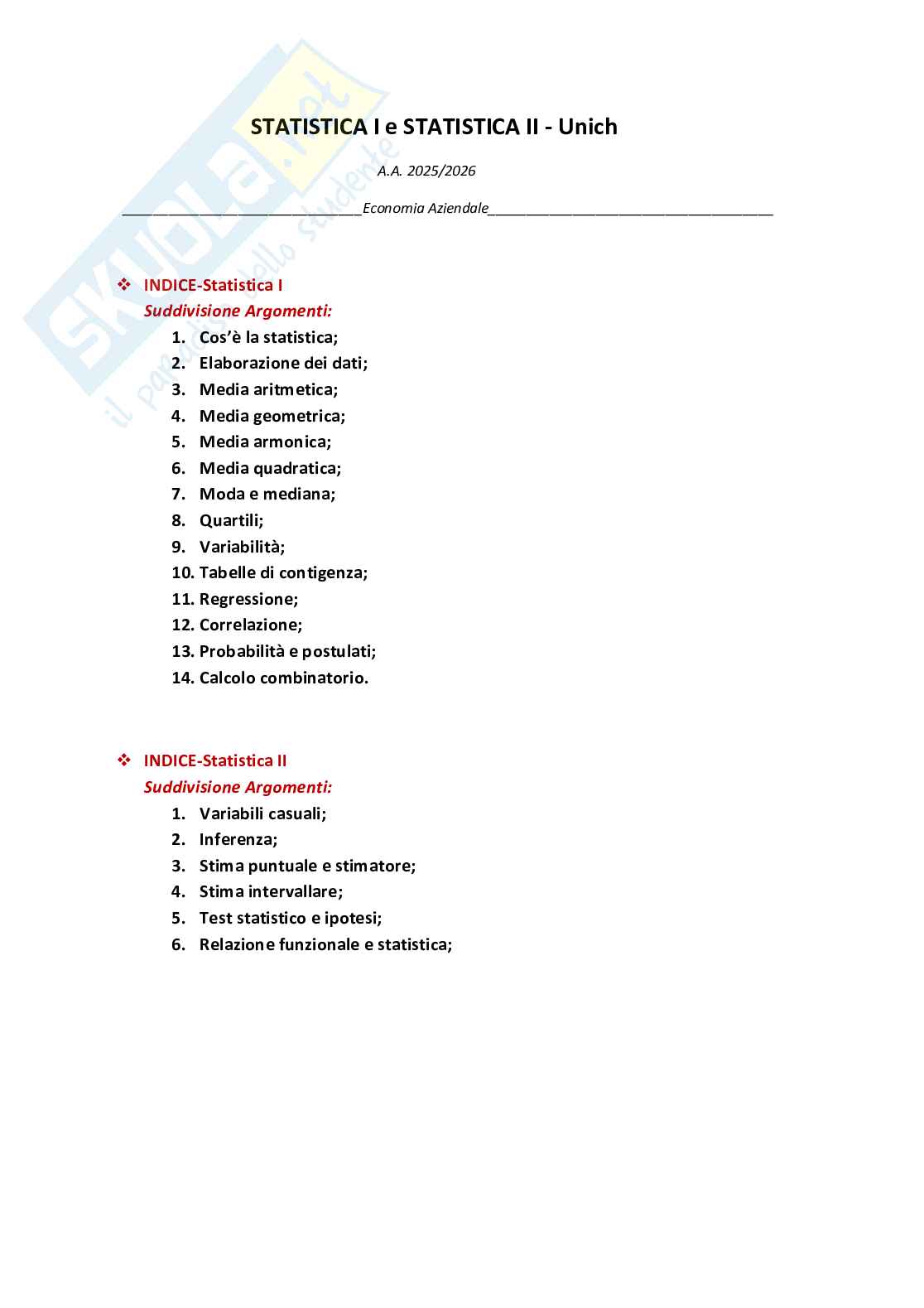 Appunti di Statistica I   Pag. 1