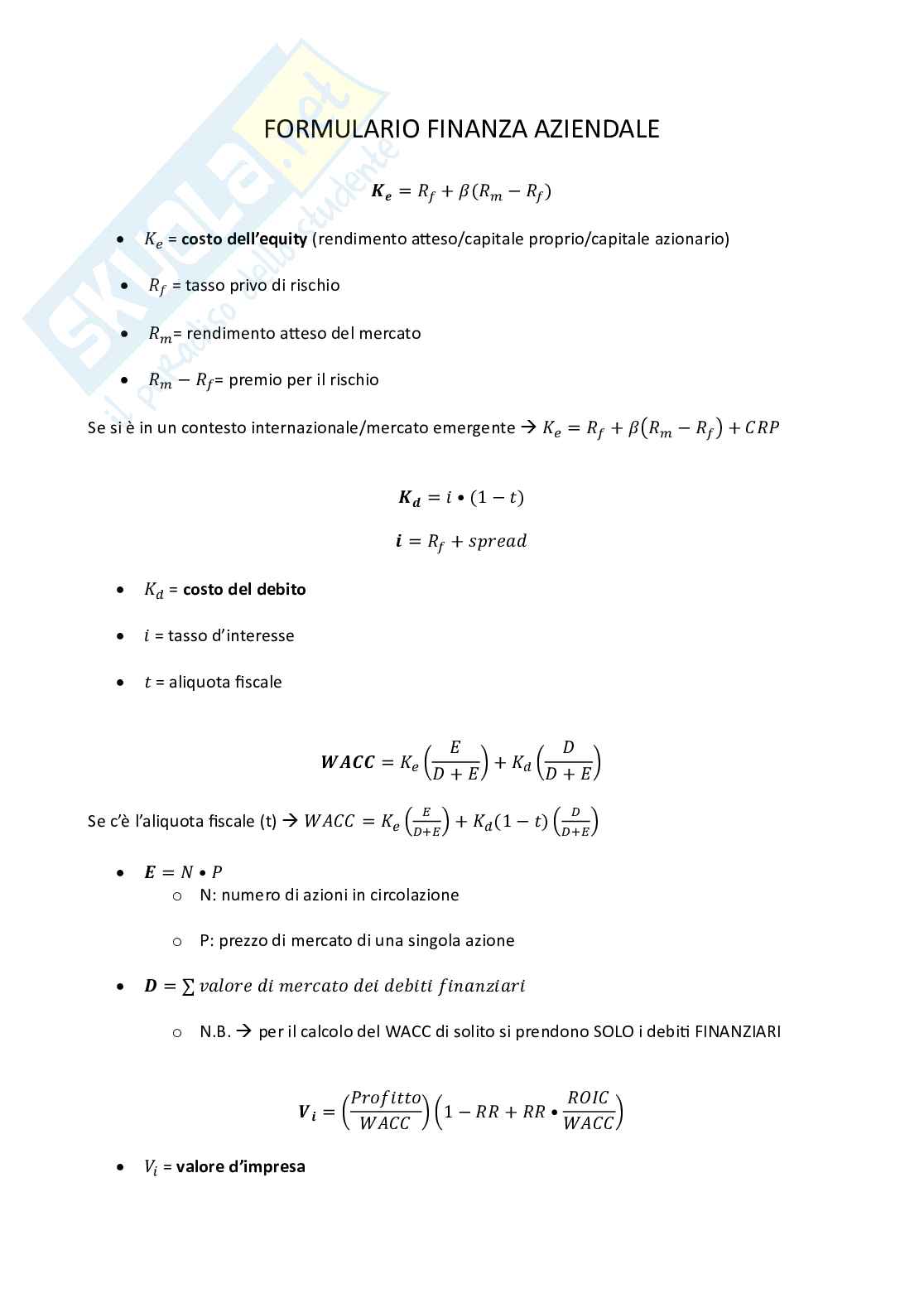 Formulario di Finanza aziendale Pag. 1