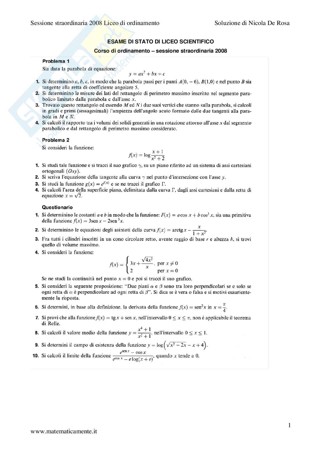 2008. Liceo scientifico di ordinamento sessione straordinaria Pag. 1