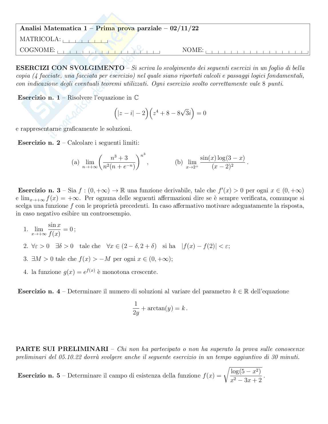 Primo parziale Analisi matematica 1 Pag. 1