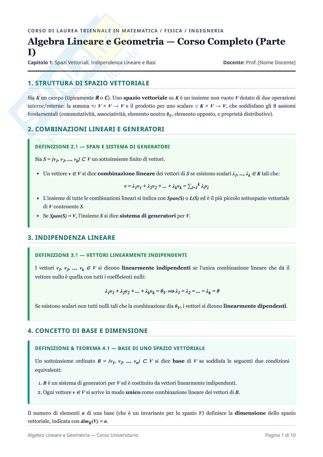 Algebra Lineare e Geometria - Corso completo (Parte I) Pag. 1
