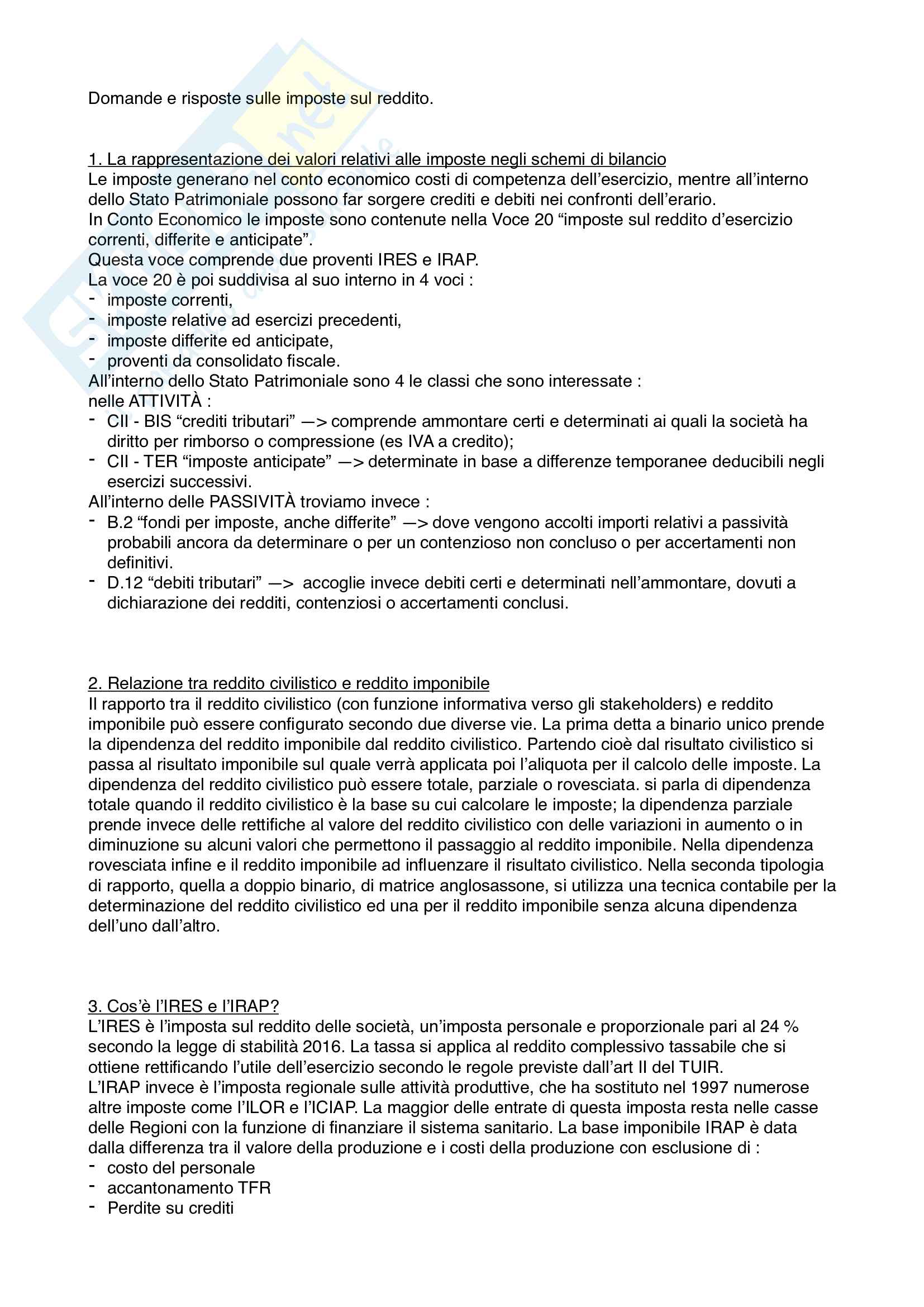 Domande e risposte sulle imposte sul reddito - aspetti contabili Pag. 1